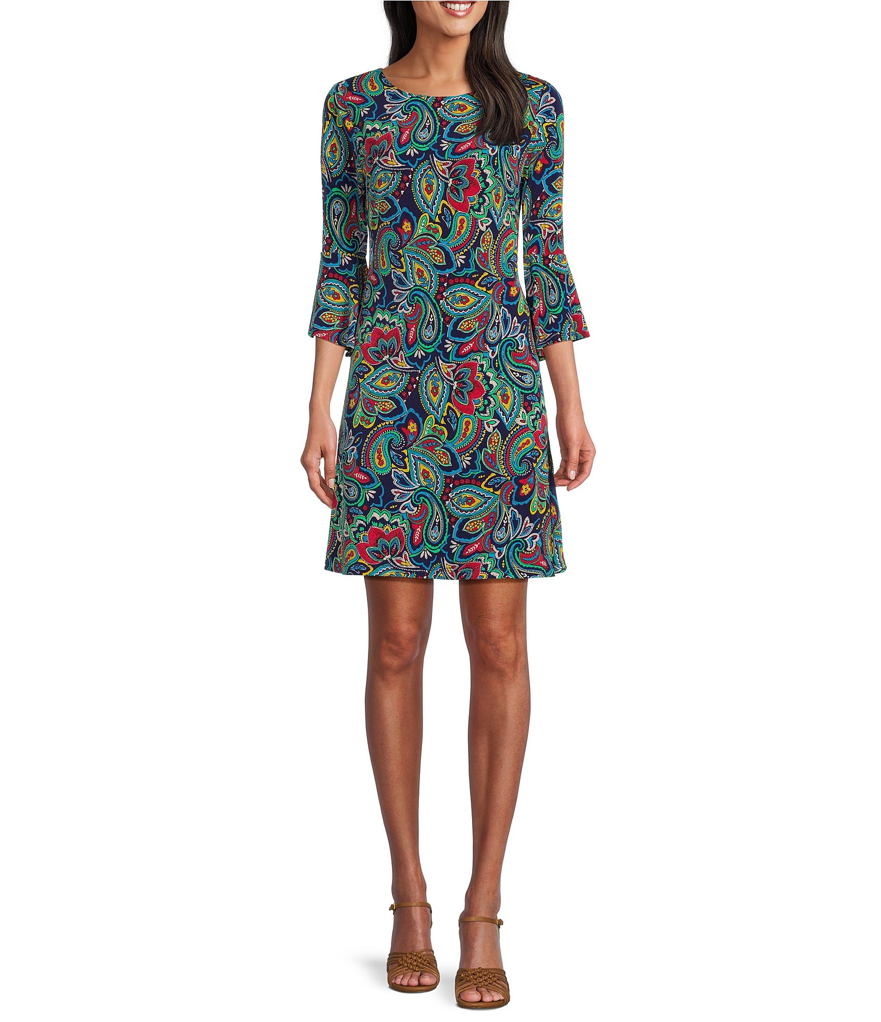 Leslie Fay Crew Neck 3/4 Flounce Sleeve Paisley Print Dress | Dillard's