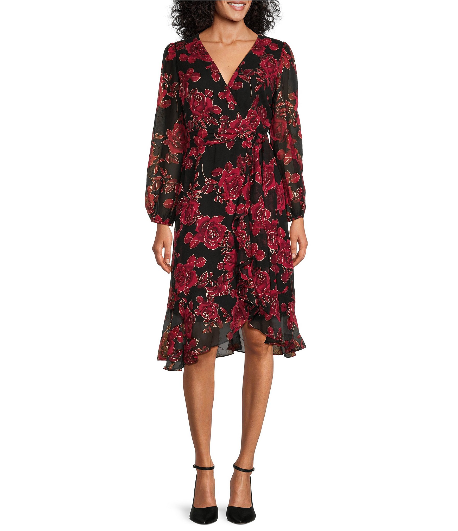 Leslie Fay Long Balloon Sleeve V-Neck Chiffon Wrap Dress | Dillard's