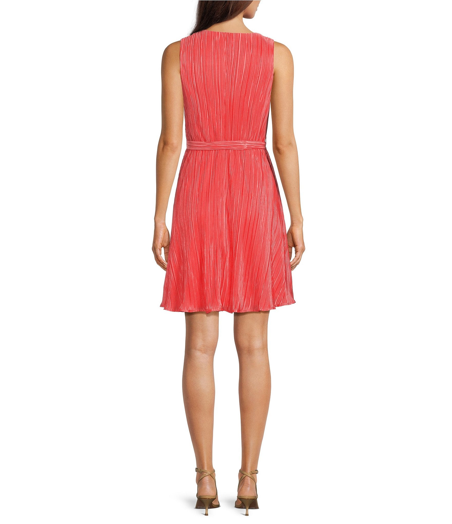 Leslie Fay Sleeveless Crew Neck Tie Waist Pleated Fit And Flare Dress