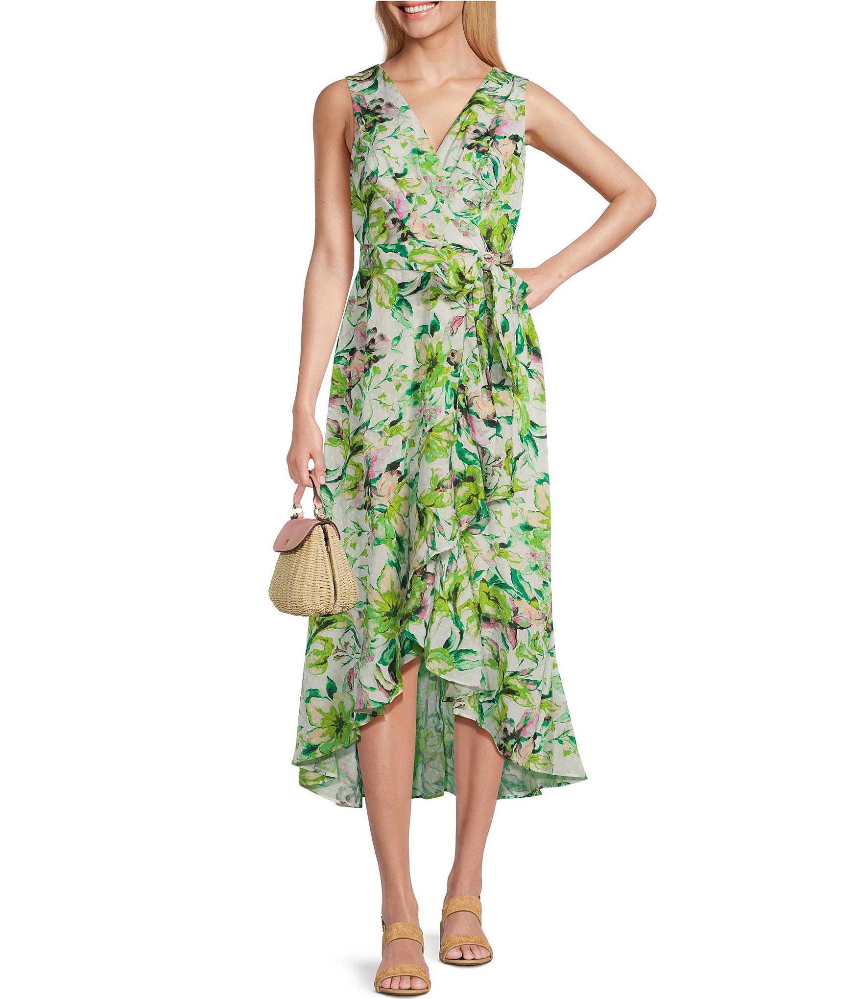 Leslie Fay Sleeveless V-Neck Tie Waist Ruffle Skirt Floral Print Chiffon Faux Wrap Dress | Dillard's
