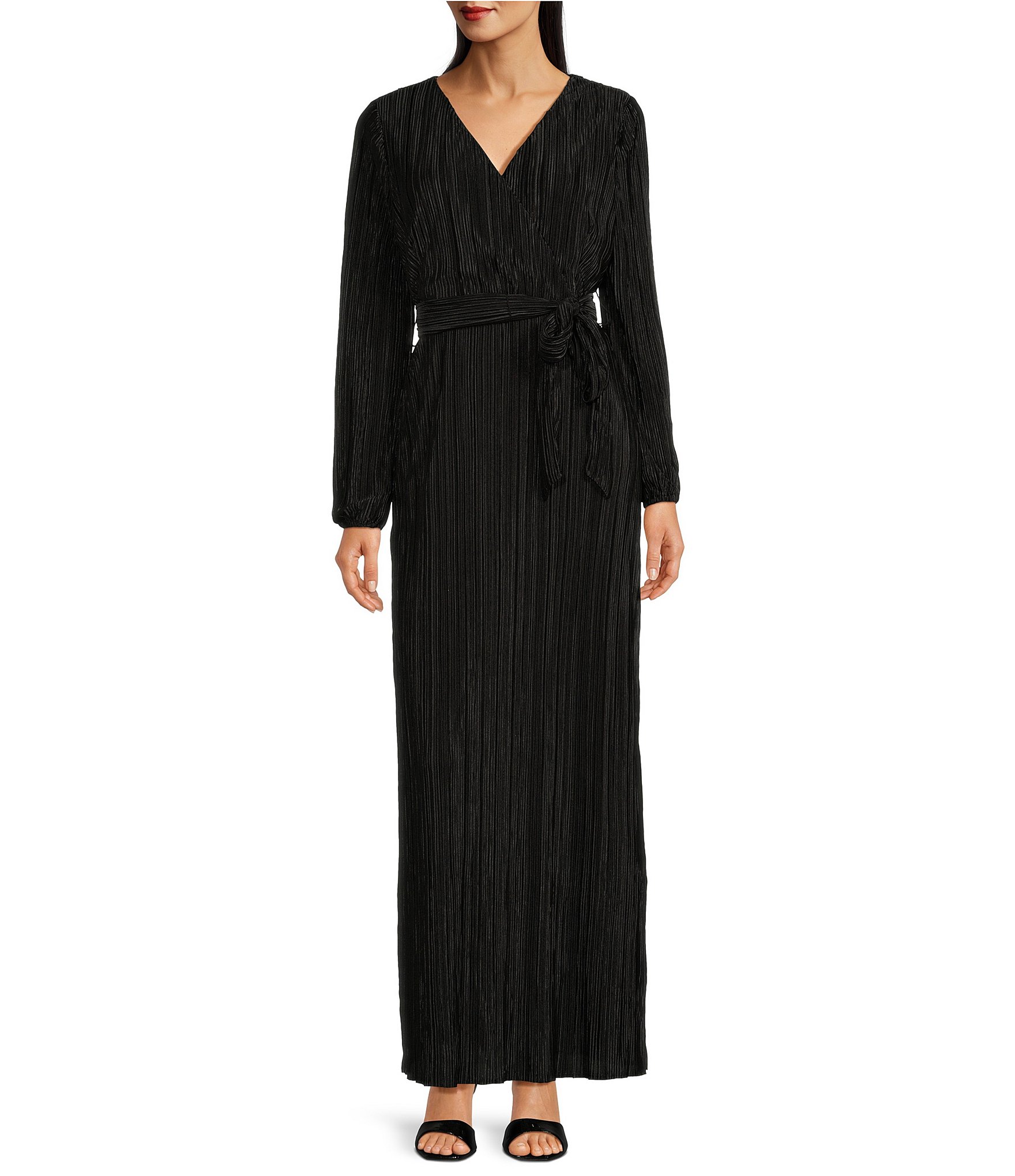 Leslie Fay Surplice V-Neck Long Sleeve Tie Waist A-line Dress | Dillard's