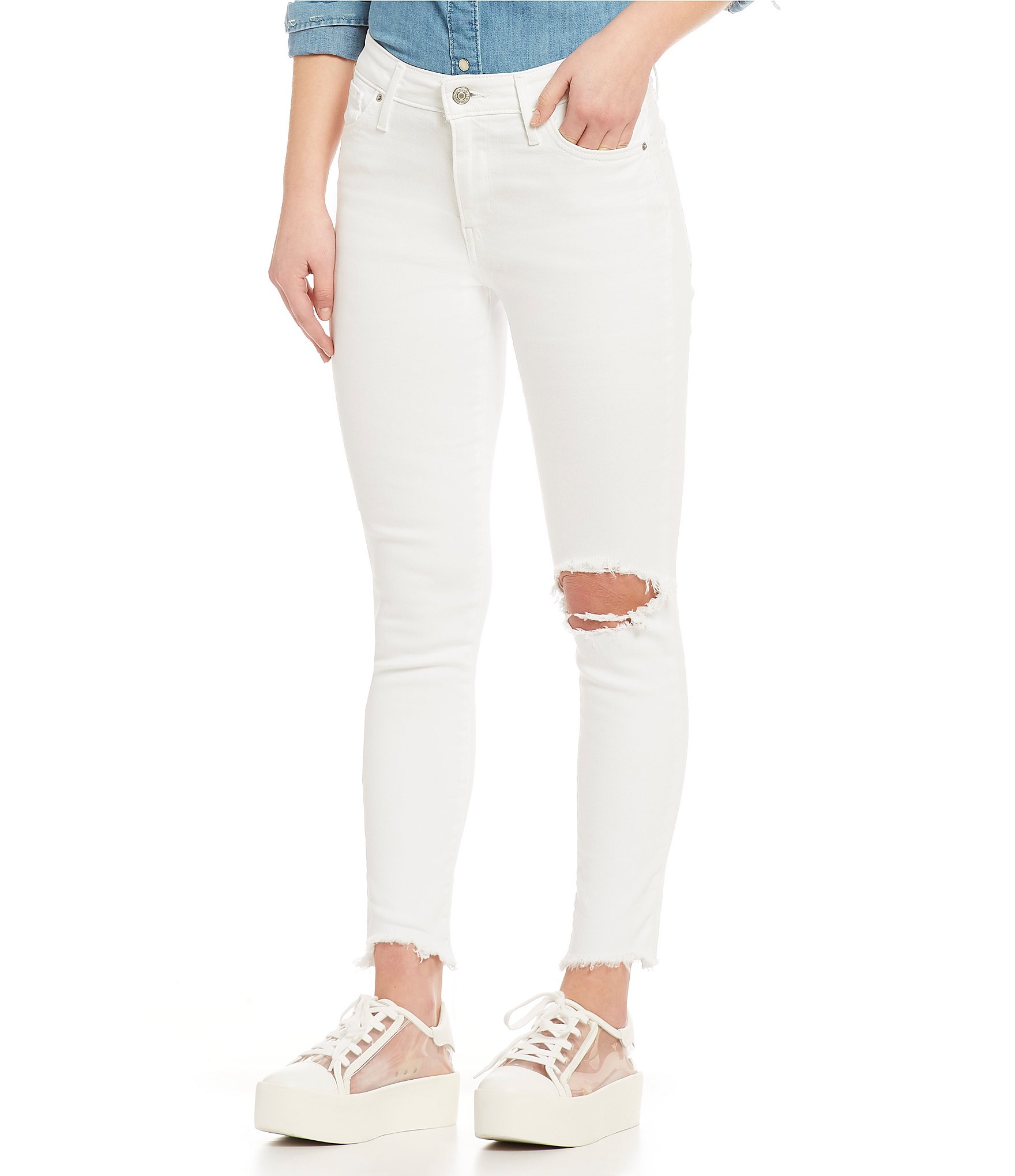 Levi's® 721 White High Rise Destructed Frayed Ankle Skinny Jeans | Dillard's