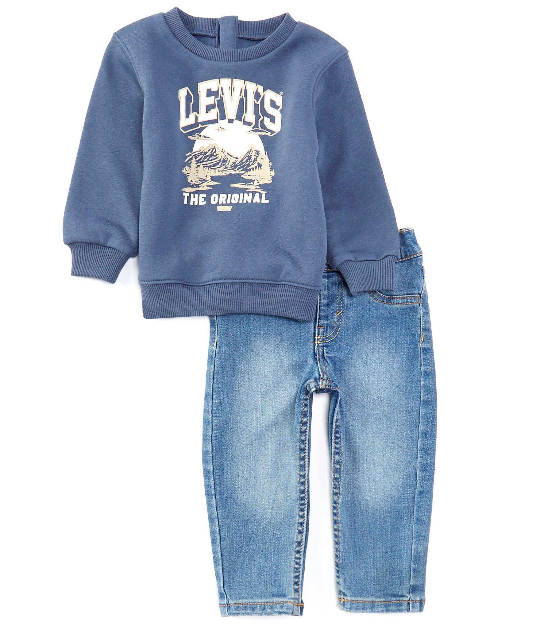 Levi's® Baby Boys 12-24 Months Long Sleeve Mountain Graphic Fleece Sweatshirt & Four-Pocket Denim Carpenter Pant Set