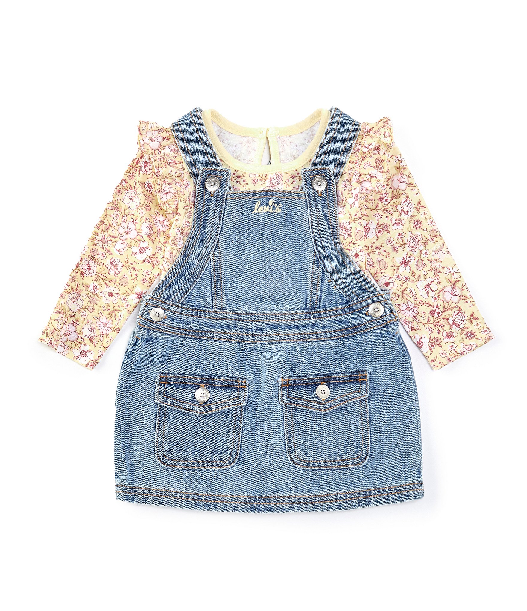 Levi s Baby Girls 12 24 Months Sleeveless Denim Pinafore Dress Long Sleeve Printed Jersey Bodysuit Set Dillard s