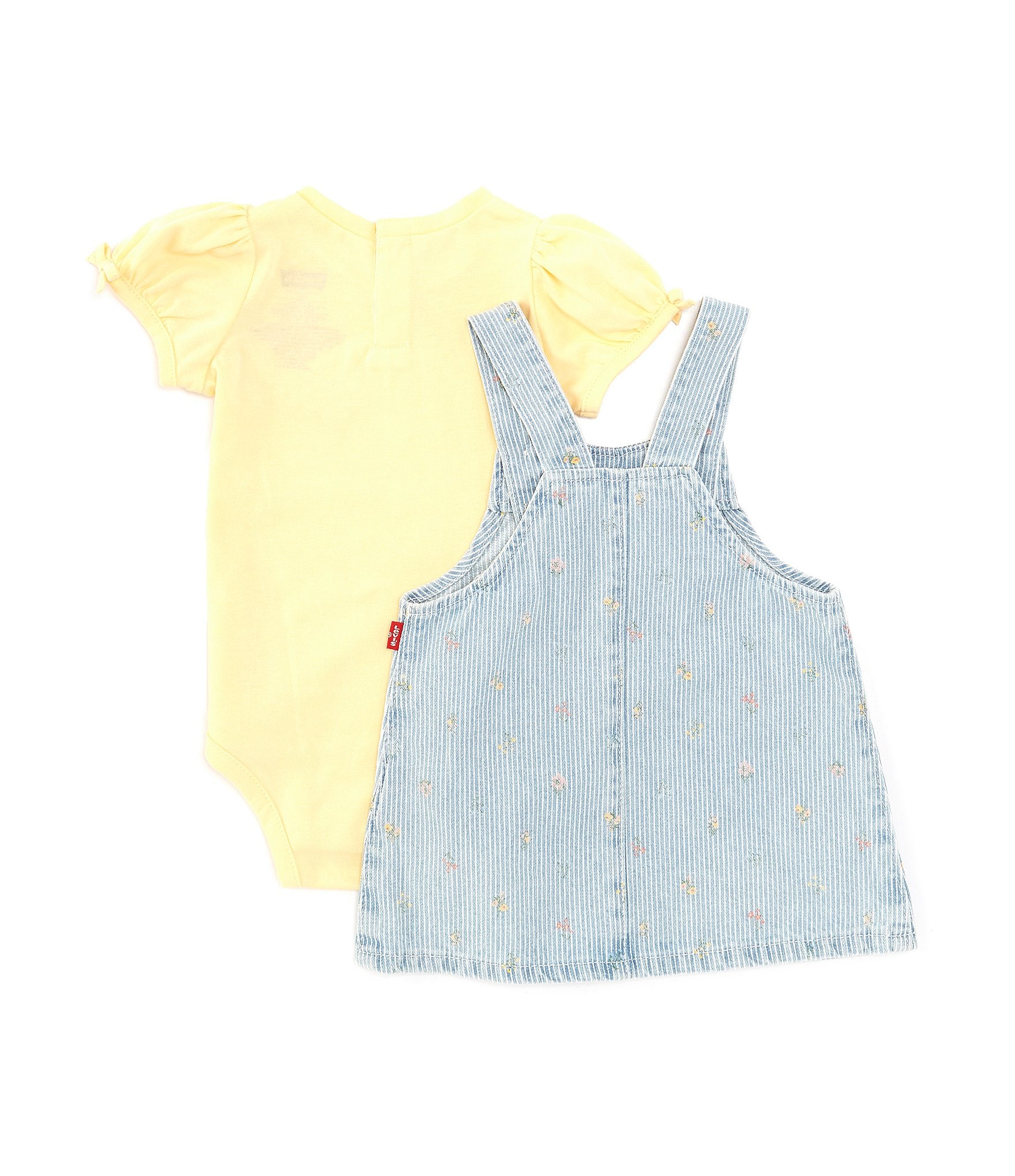 Levi's® Baby Girls Newborn-24 Months Short Puffed Sleeve Jersey Bodysuit & Sleeveless Printed Denim Jumper Dress Set