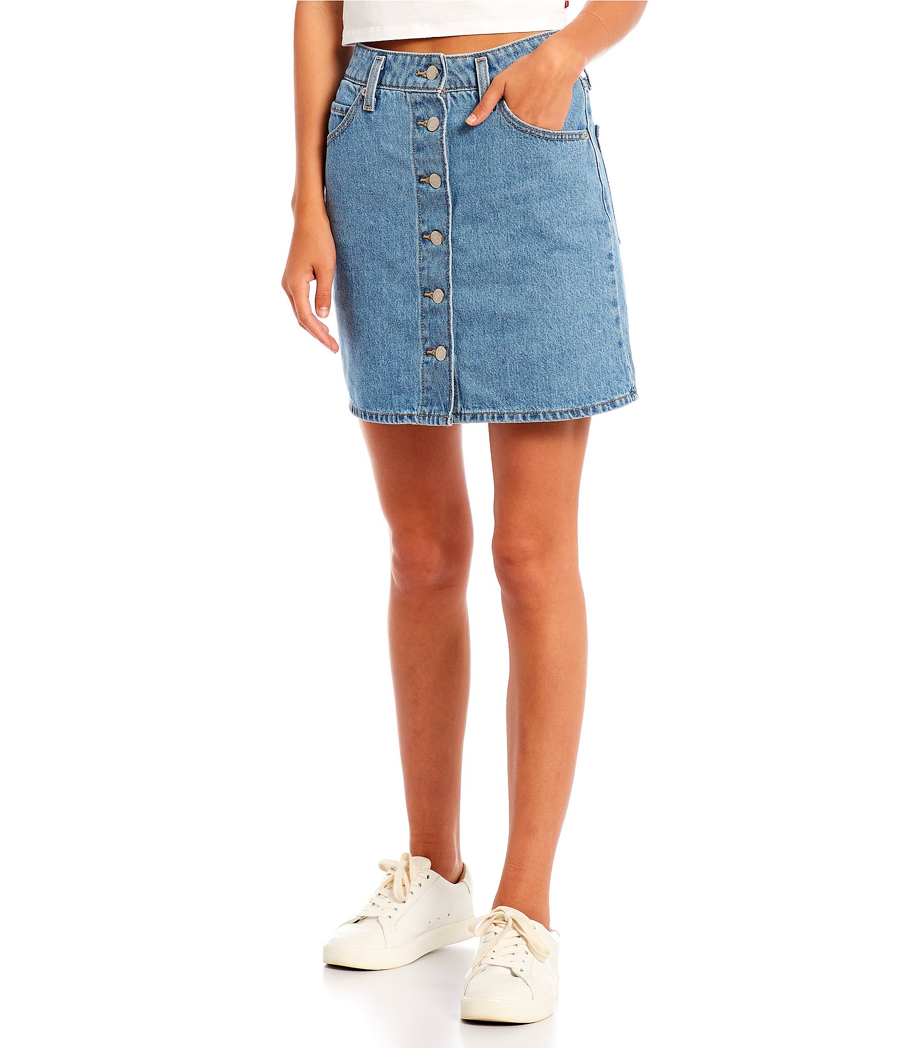 Levi's® Exposed Button Front Notch Back A-Line Denim Mini Skirt | Dillard's