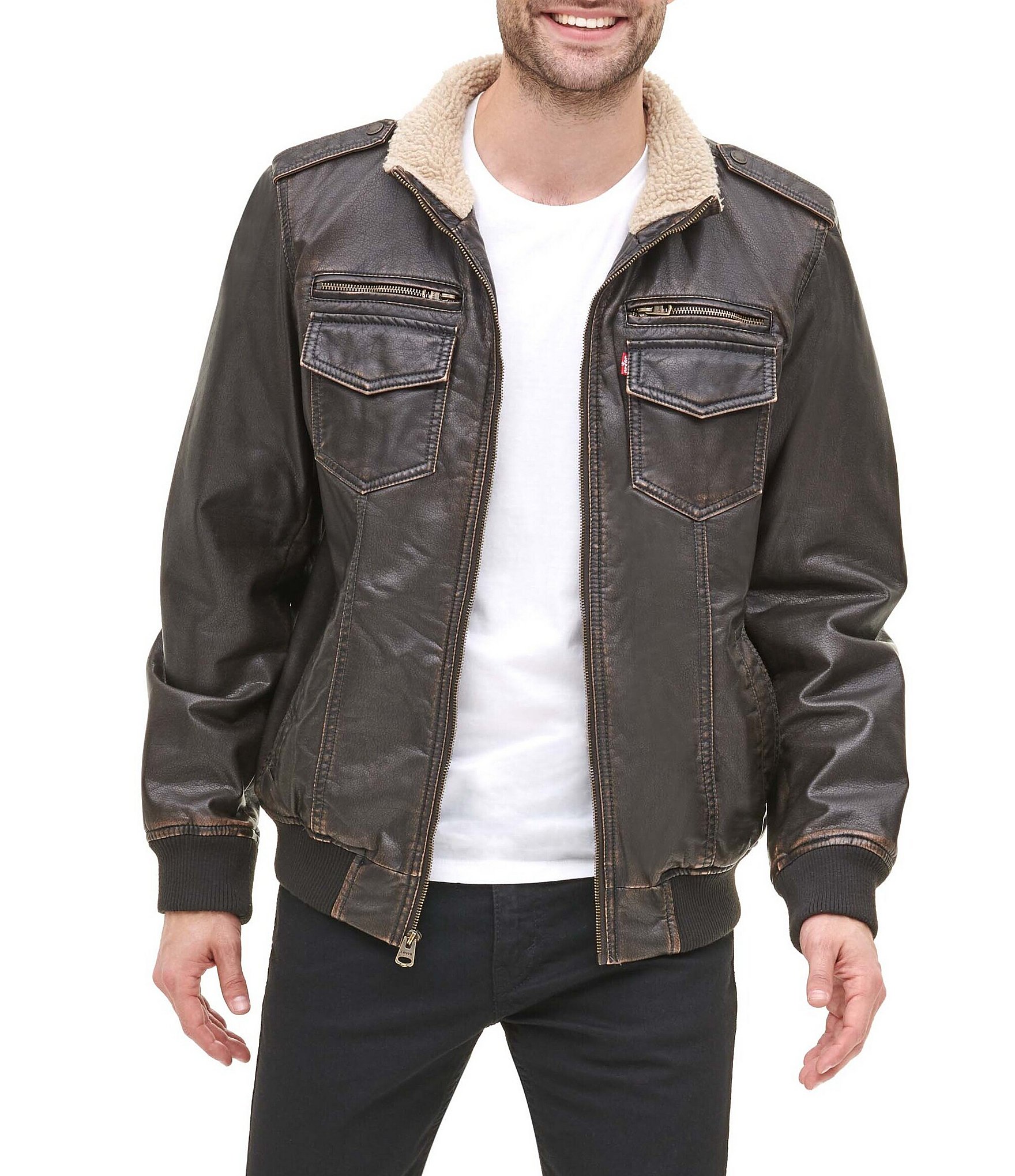 Levi's® Long Sleeve Faux Leather/Sherpa Military Bomber Jacket | Dillard's
