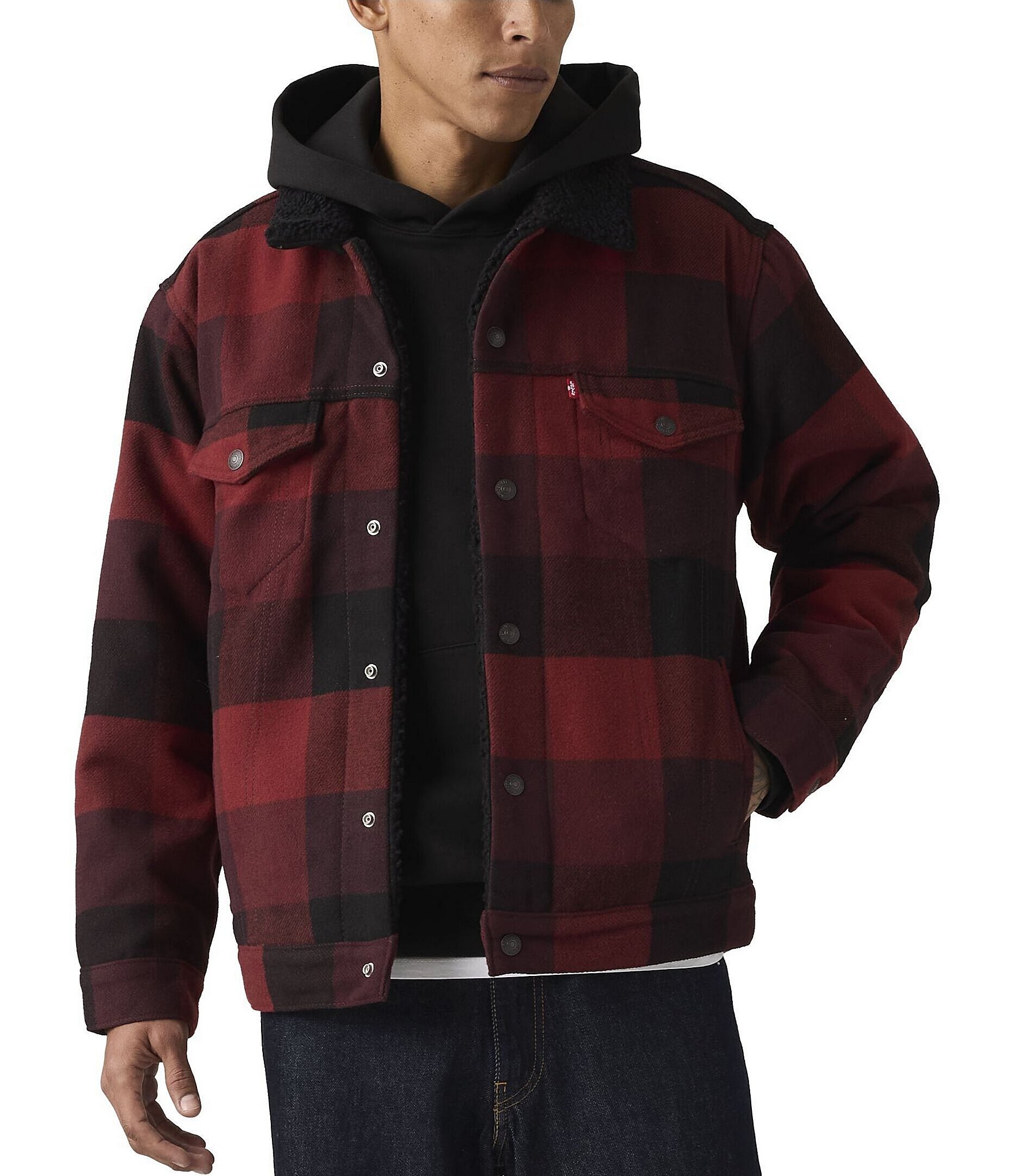 Levi's® Relaxed Fit Plaid/Faux-Sherpa Long Sleeve Trucker Jacket