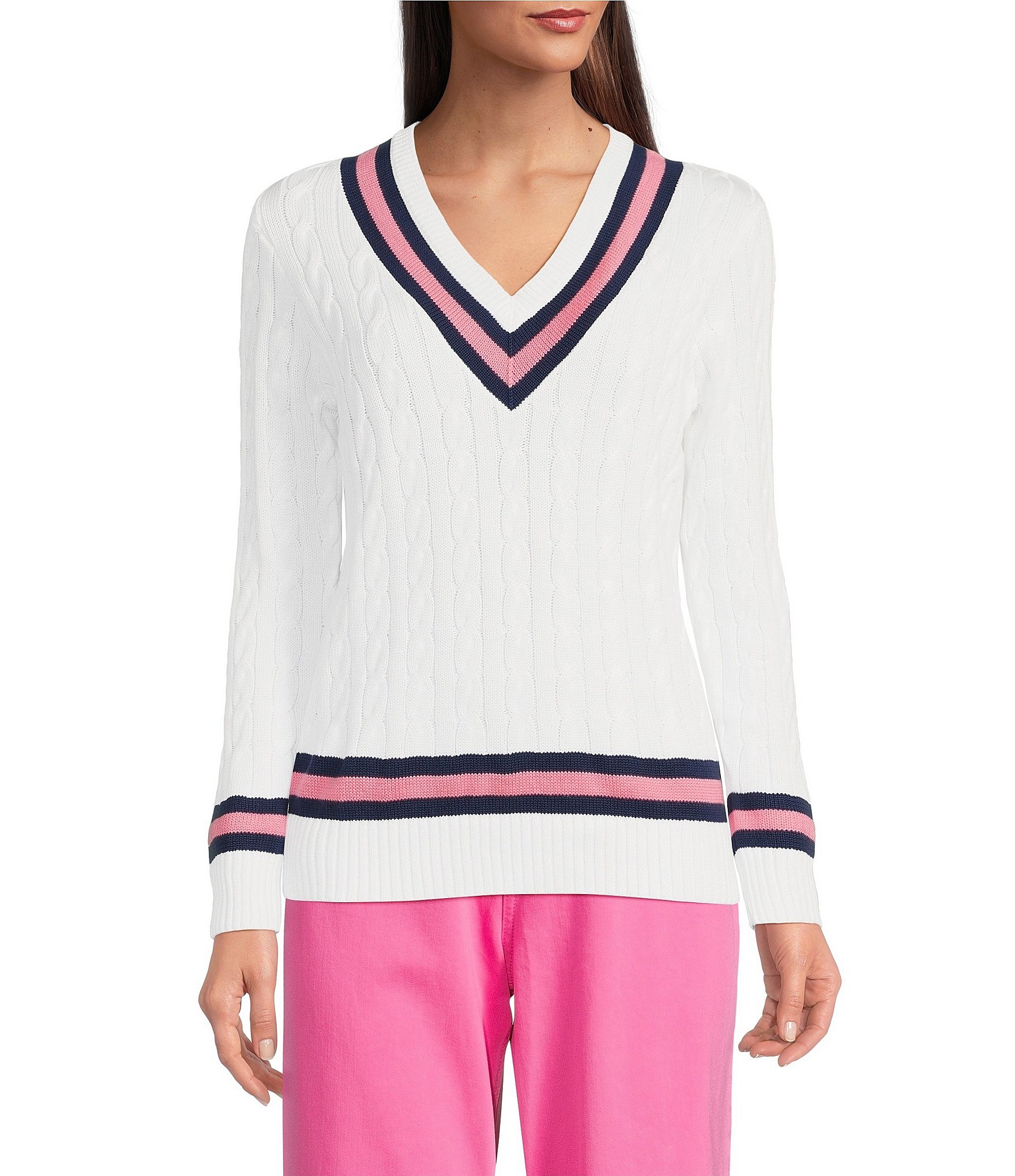 Lilly Pulitzer Brockton Cable Knit V-Neck Long Sleeve Stripe Detail ...