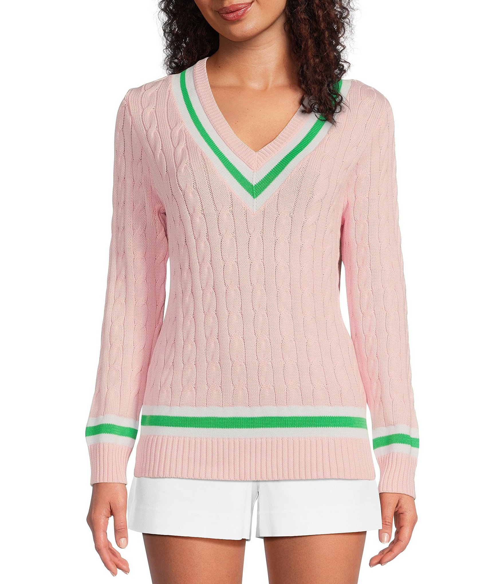 Lilly Pulitzer Brockton Cable Knit V-Neck Long Sleeve Stripe Detail Sweater