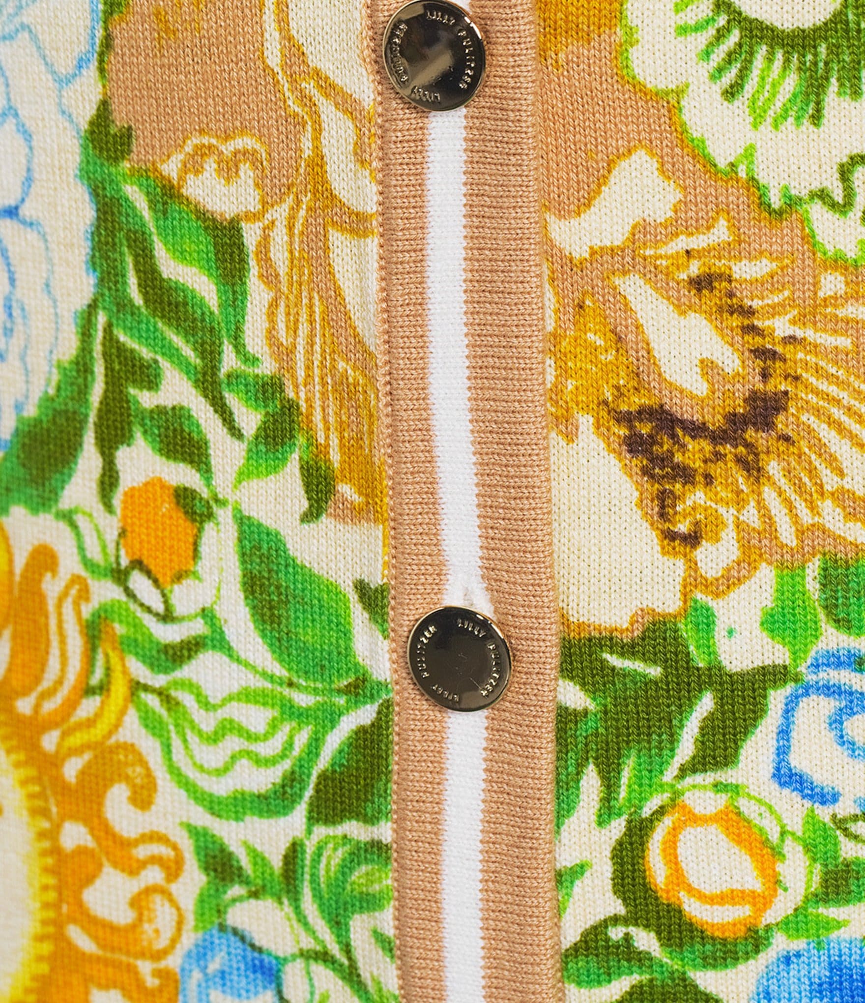 Lilly Pulitzer Cotton-Blend Floral Open V-Neck Long Sleeve Striped Trim Button-Front Cardigan