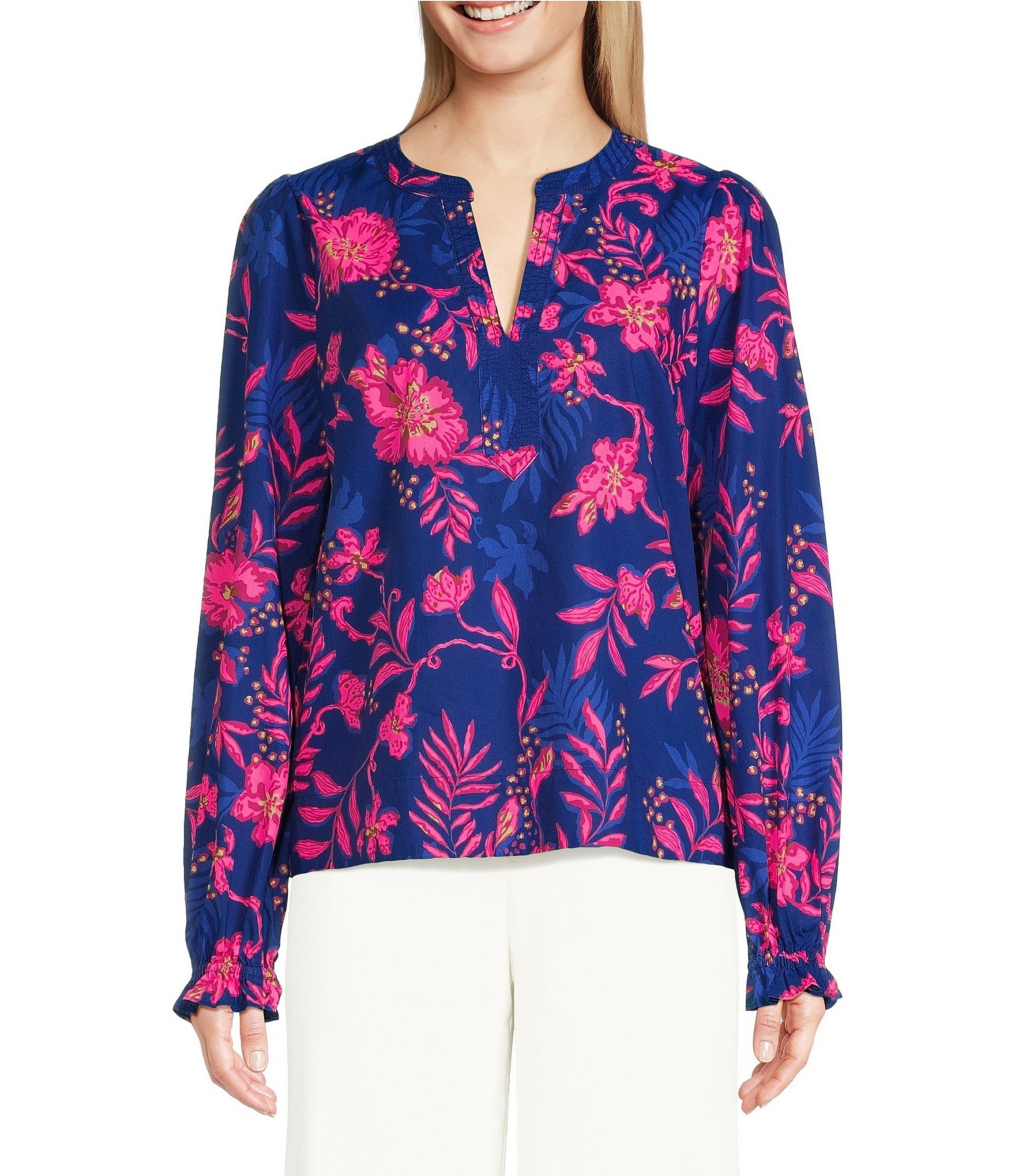 Lilly Pulitzer Coulter Cotton Poplin Floral Print Split V-Neck Long Sleeve Top