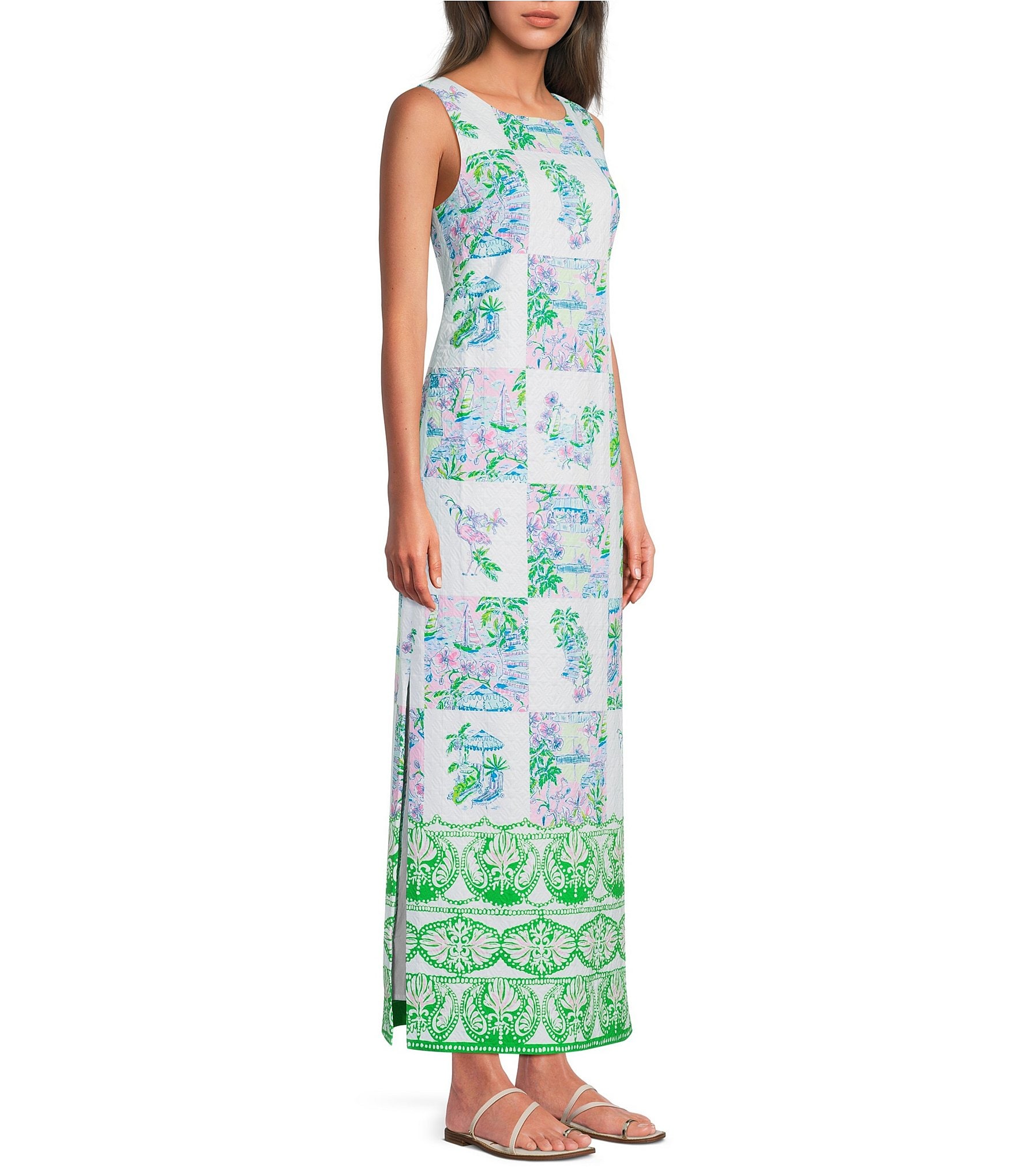 Lilly Pulitzer Dee Stretch Sunny Dee Patch Print Round Neck Sleeveless Shift Maxi Dress