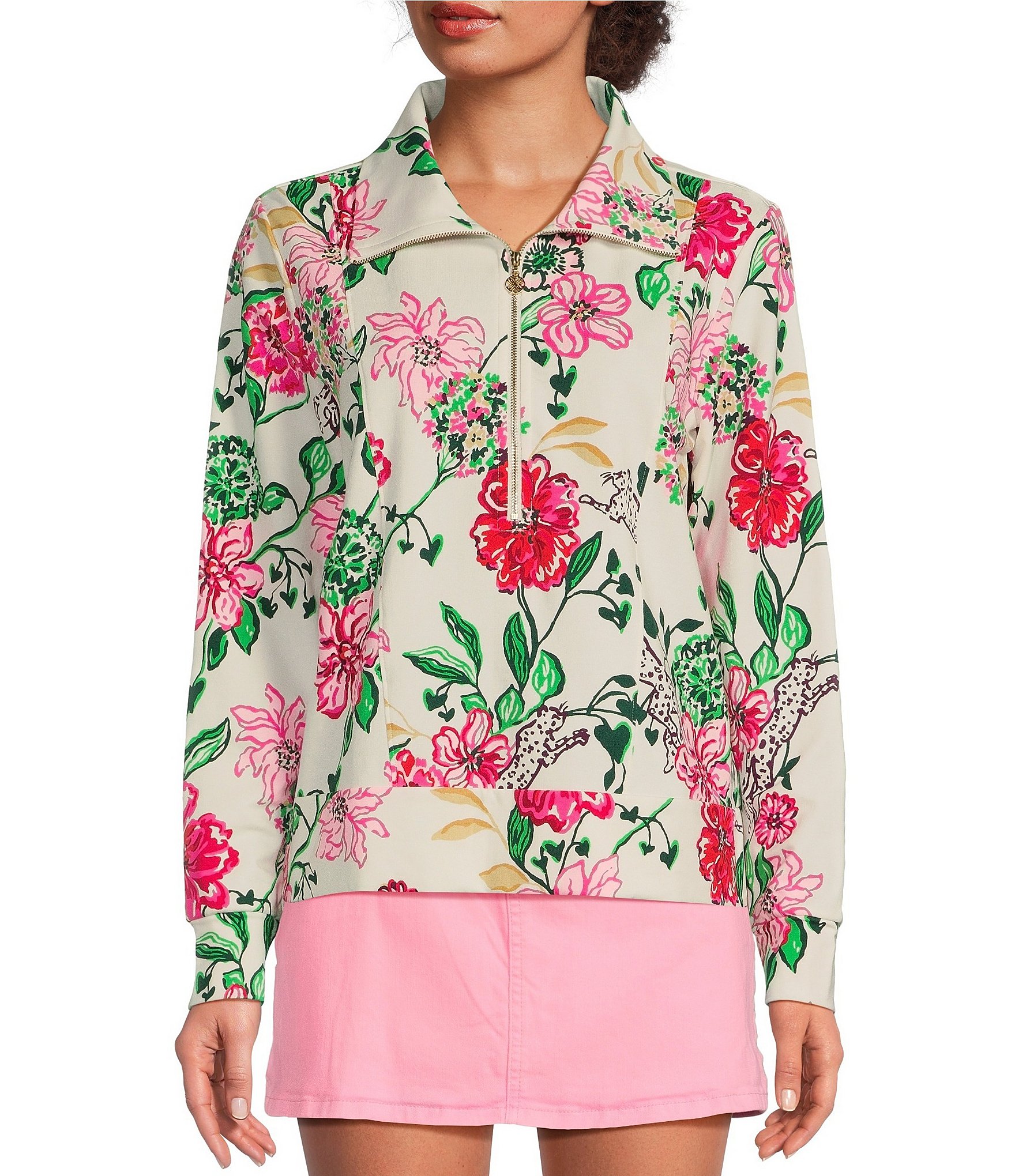 Lilly Pulitzer Eleni Luxe Terry Floral Print Collar Bracelet Sleeve Quarter Zip Top