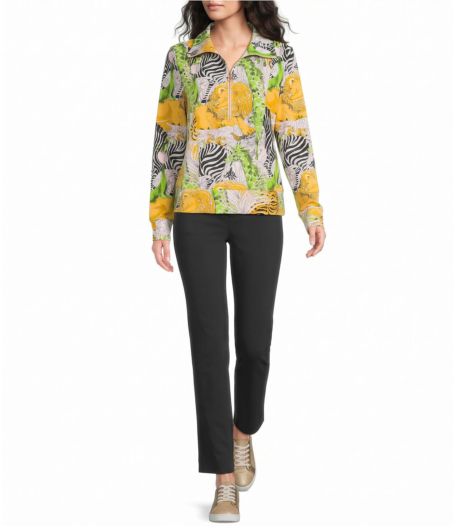 Lilly Pulitzer Eleni Luxe Terry Zoo Print Long Sleeve Quarter-Zip Mock Neck Pullover