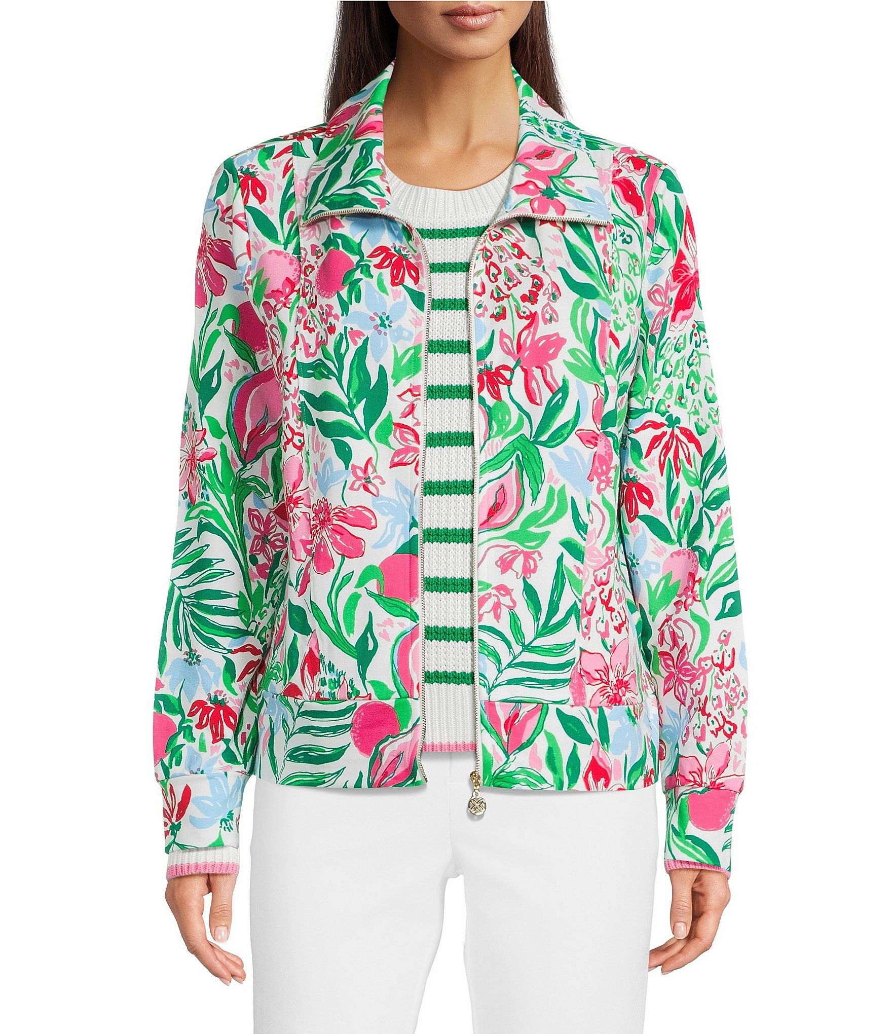 Lilly Pulitzer Eleni UPF 50+ Glowing Gardens Print Point Collar Long Sleeve Zip-Up Jacket