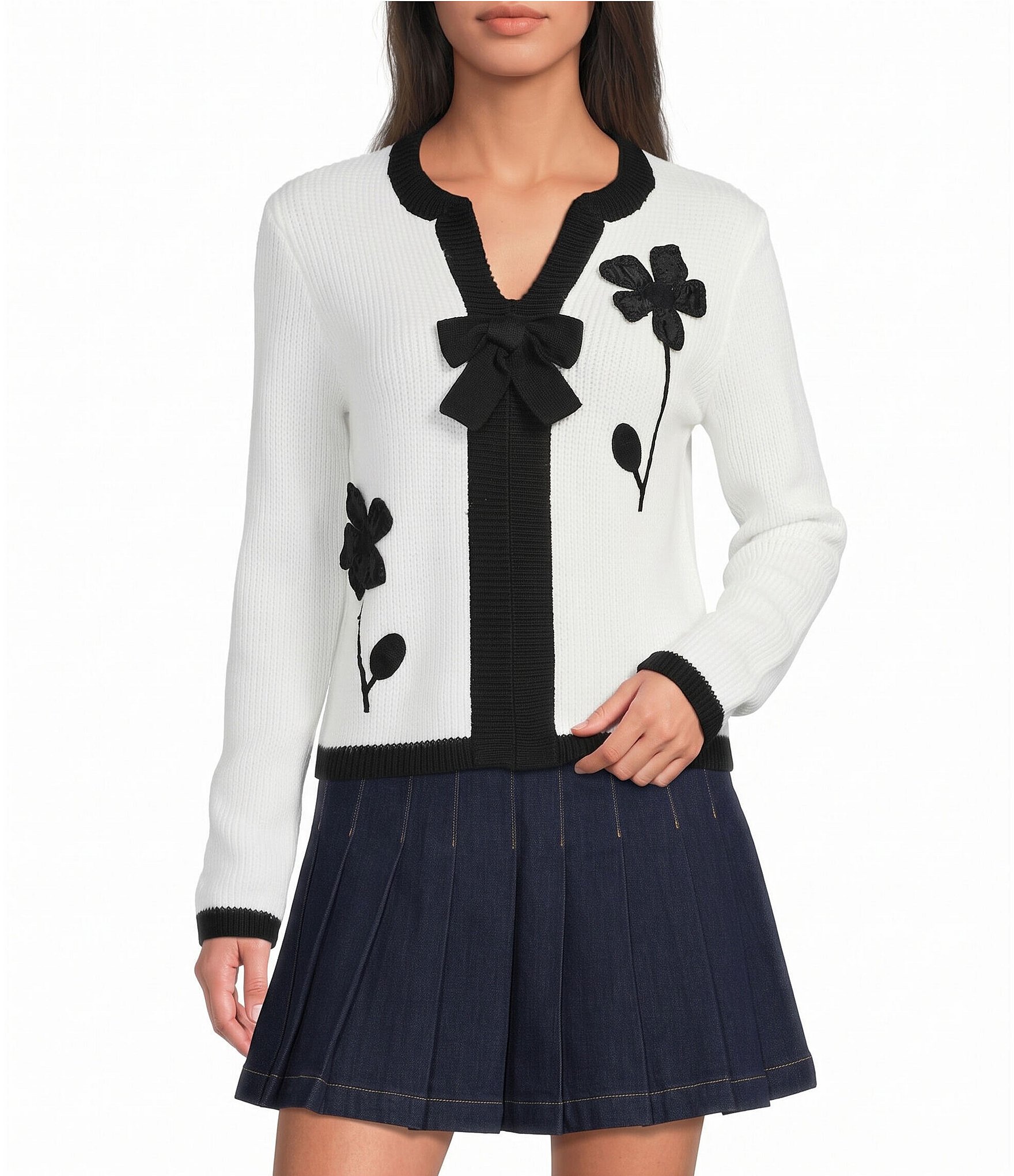 Lilly Pulitzer Esmeralda Cotton-Blend Fancy Fleur Applique Split V-Neck Long Sleeve Sweater