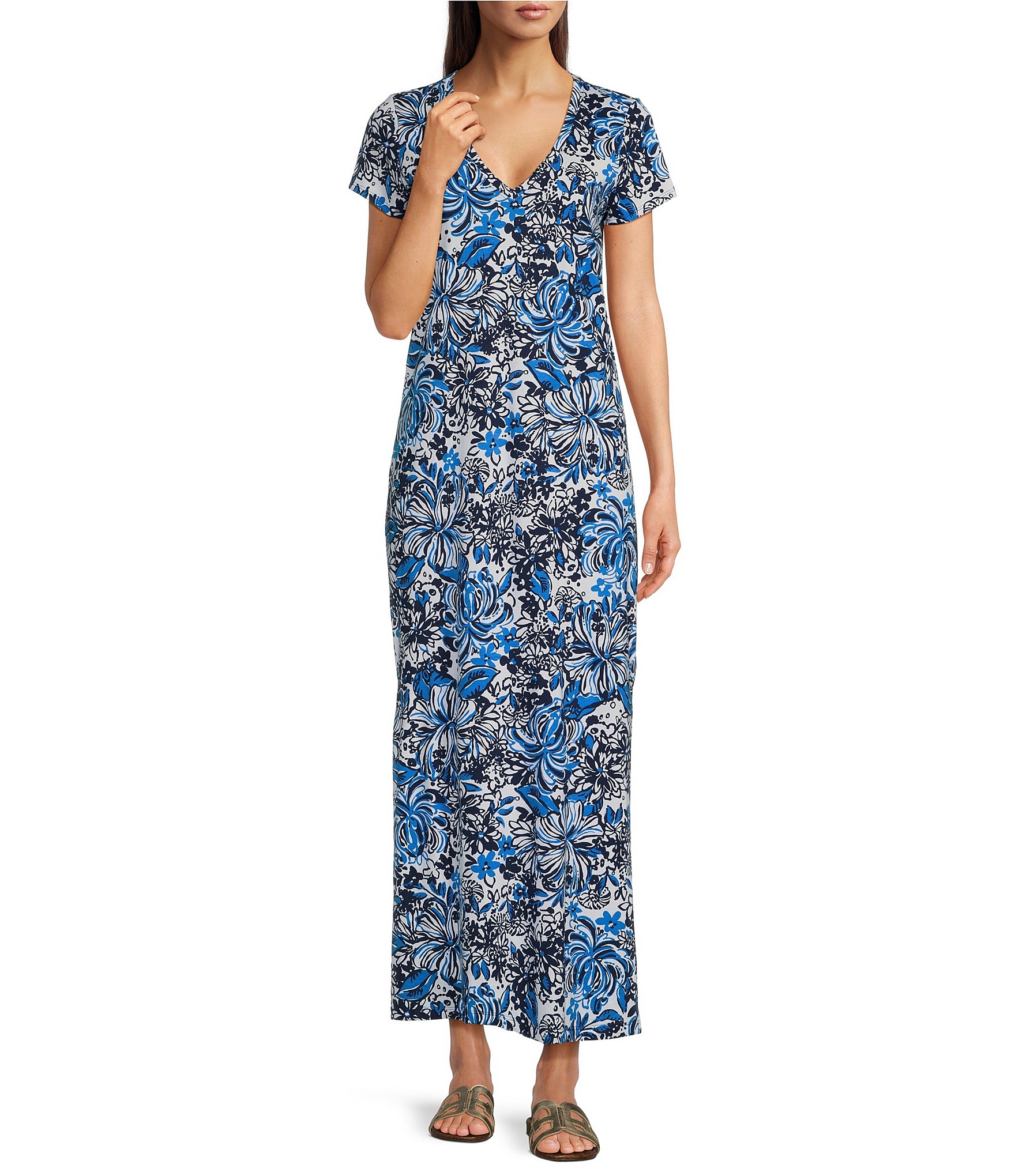 Lilly Pulitzer Etta Knit Jersey V-Neck Short Sleeve Maxi Shift Dress ...