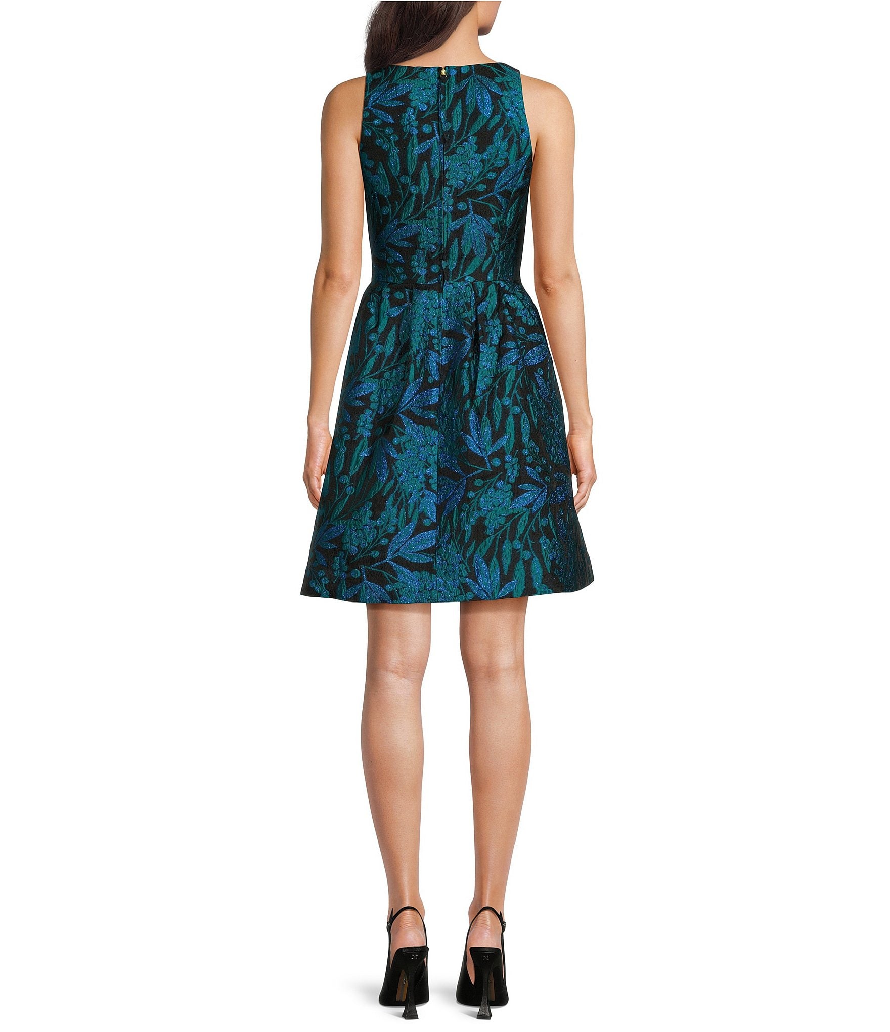 Lilly Pulitzer Jollian Printed Metallic Brocade Crew Neck Sleeveless Pleated Fit & Flare Dress