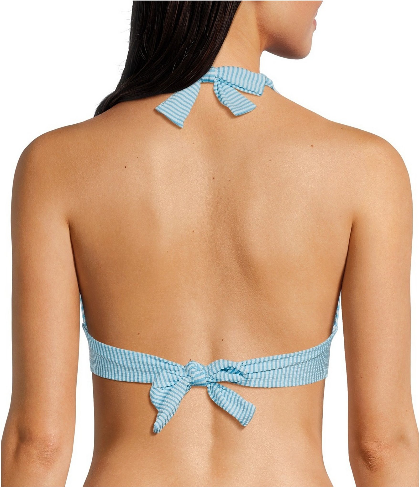 Lilly Pulitzer Ketos Capri Blue Seersucker Stripe Gold Ring Hardware Triangle Halter Swim Top