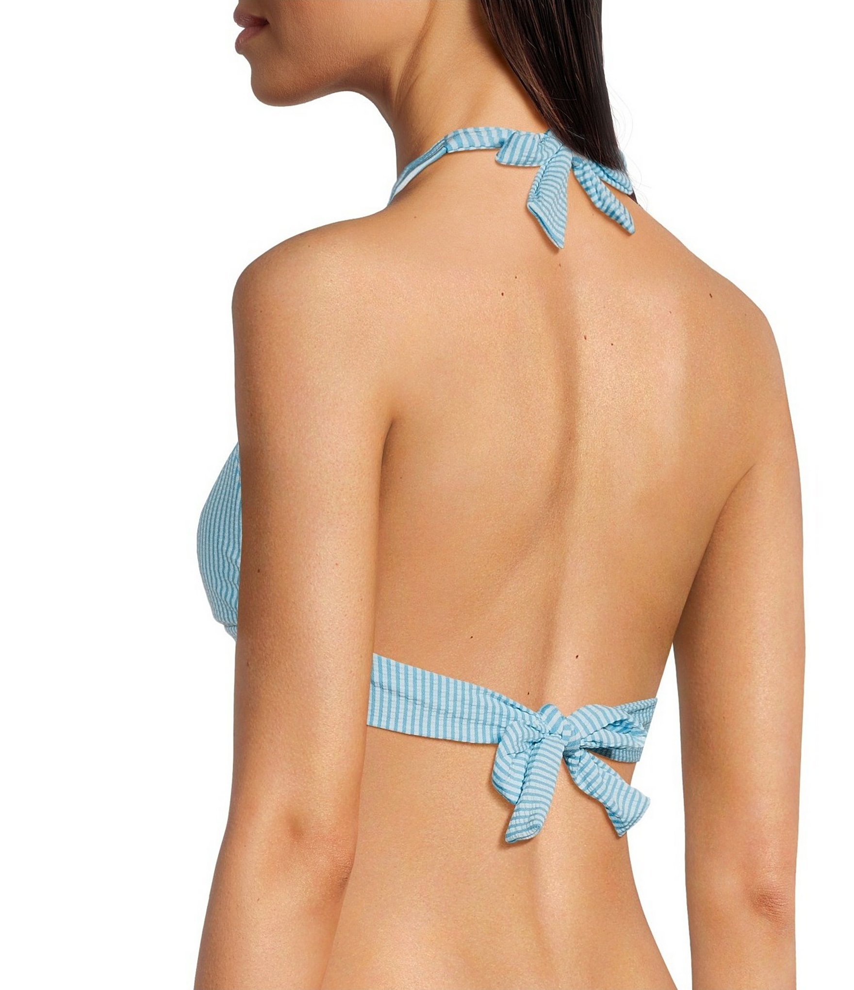 Lilly Pulitzer Ketos Capri Blue Seersucker Stripe Gold Ring Hardware Triangle Halter Swim Top