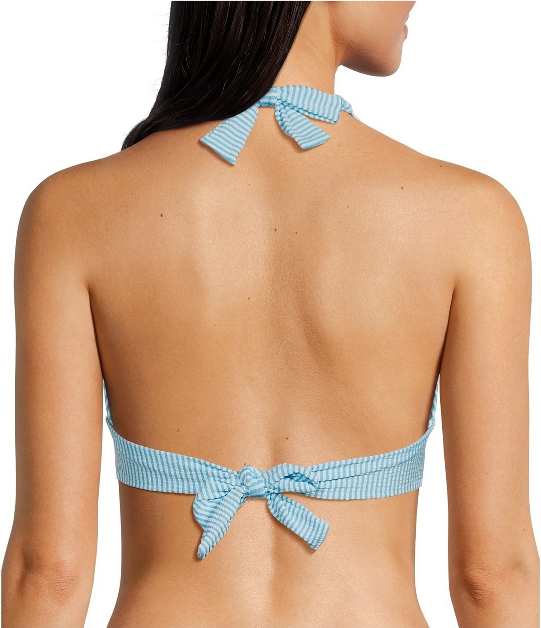 Lilly Pulitzer Ketos Capri Blue Seersucker Stripe Gold Ring Hardware Triangle Halter Swim Top