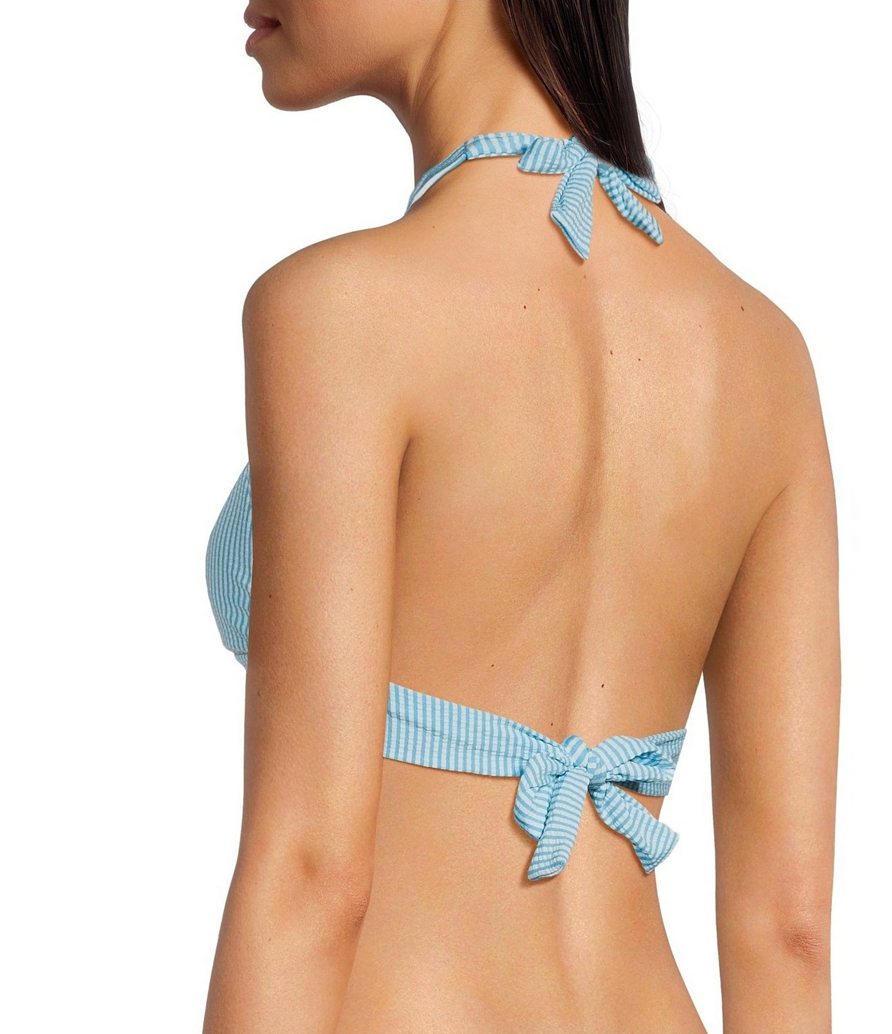 Lilly Pulitzer Ketos Capri Blue Seersucker Stripe Gold Ring Hardware Triangle Halter Swim Top