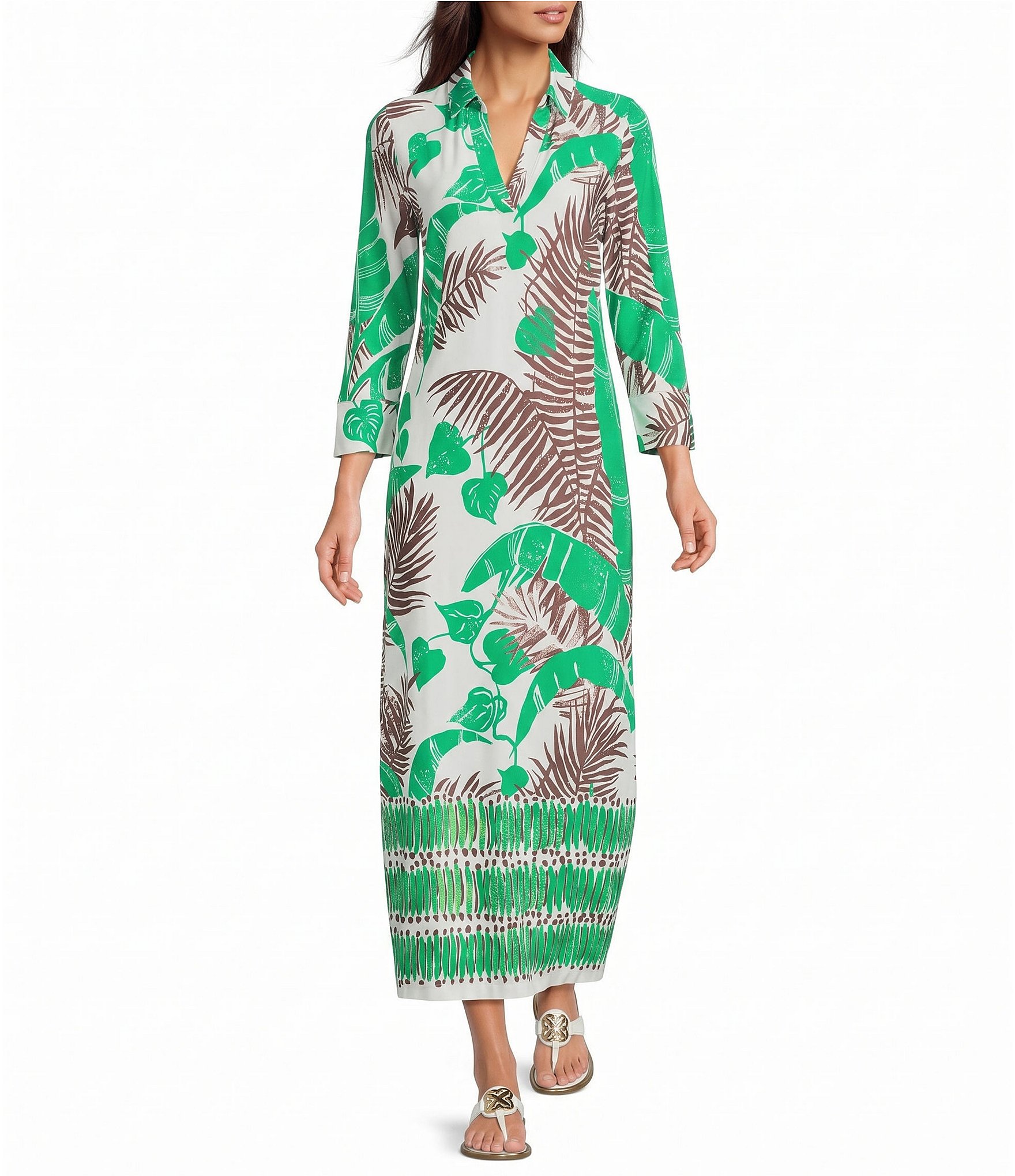 Lilly Pulitzer Mandi Leaf Engineered Print Collar Split V-Neck 3/4 Sleeve Oversized Midi Dress