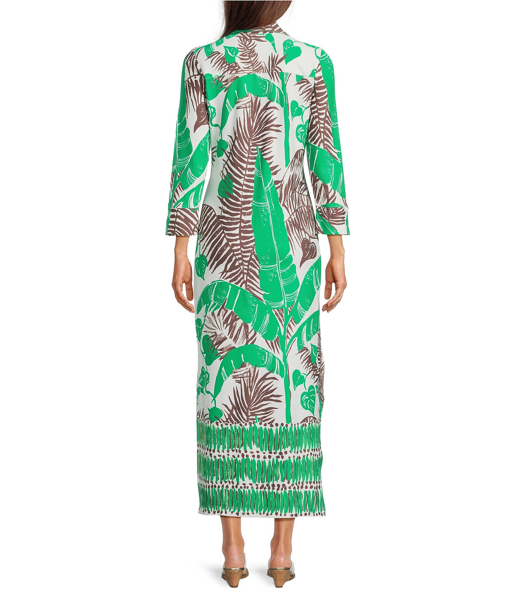 Lilly Pulitzer Mandi Leaf Engineered Print Collar Split V-Neck 3/4 Sleeve Oversized Midi Dress