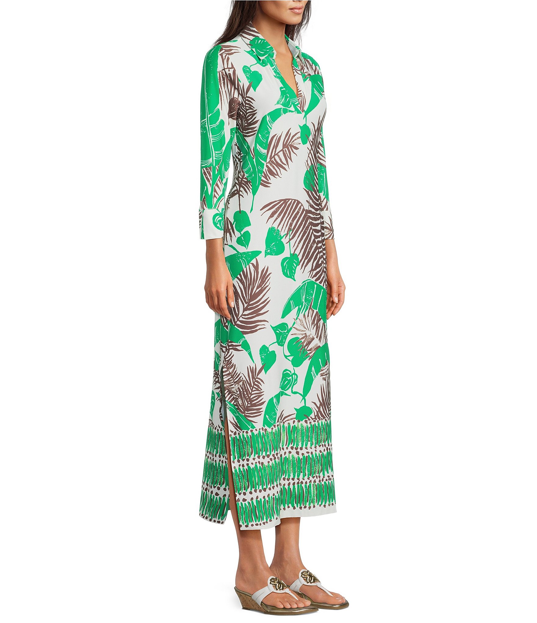 Lilly Pulitzer Mandi Leaf Engineered Print Collar Split V-Neck 3/4 Sleeve Oversized Midi Dress