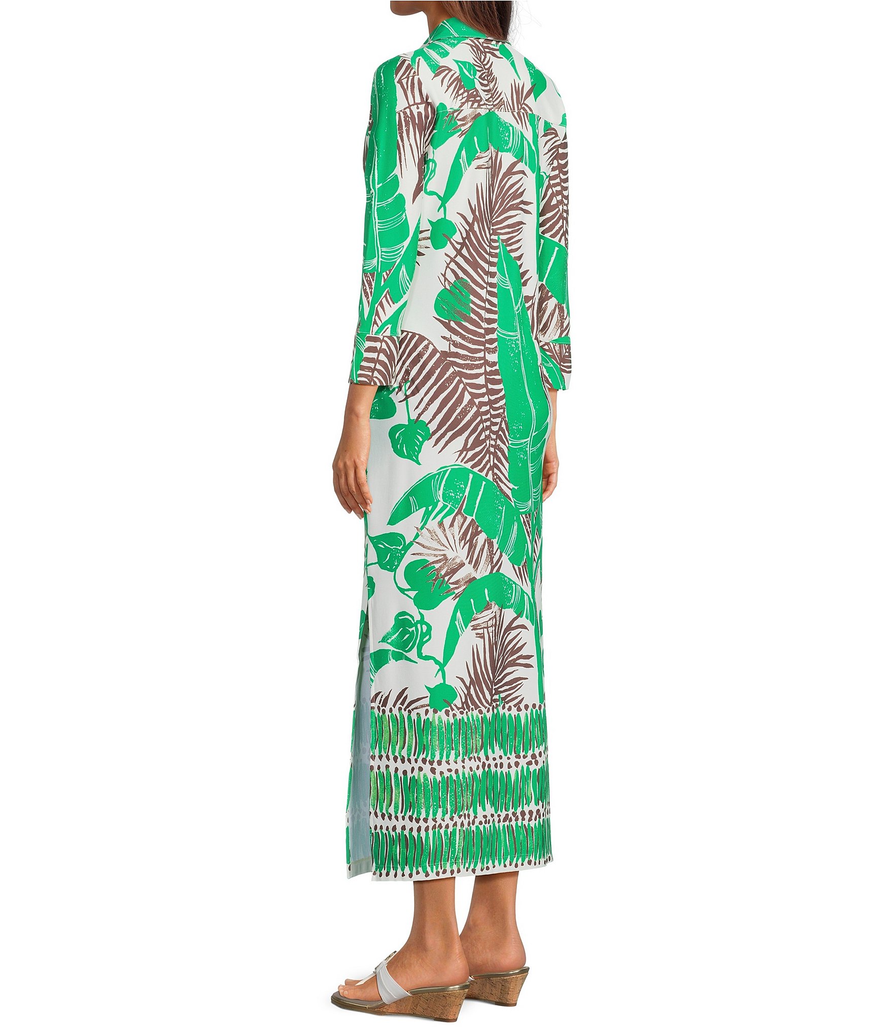 Lilly Pulitzer Mandi Leaf Engineered Print Collar Split V-Neck 3/4 Sleeve Oversized Midi Dress