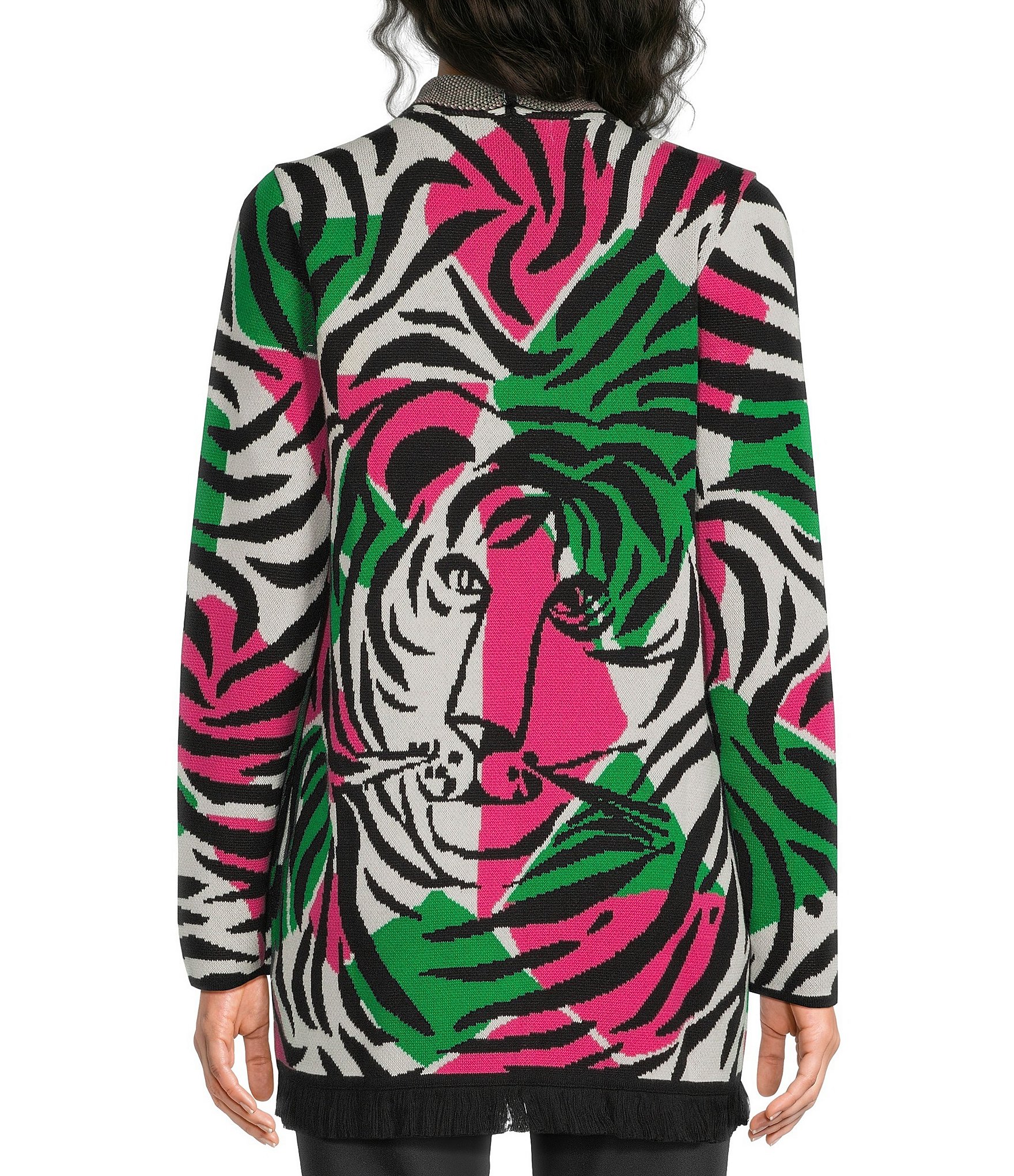 Lilly Pulitzer Noble Jacquard Zebra Print Fringe Hem Open-Front Oversized Cardigan