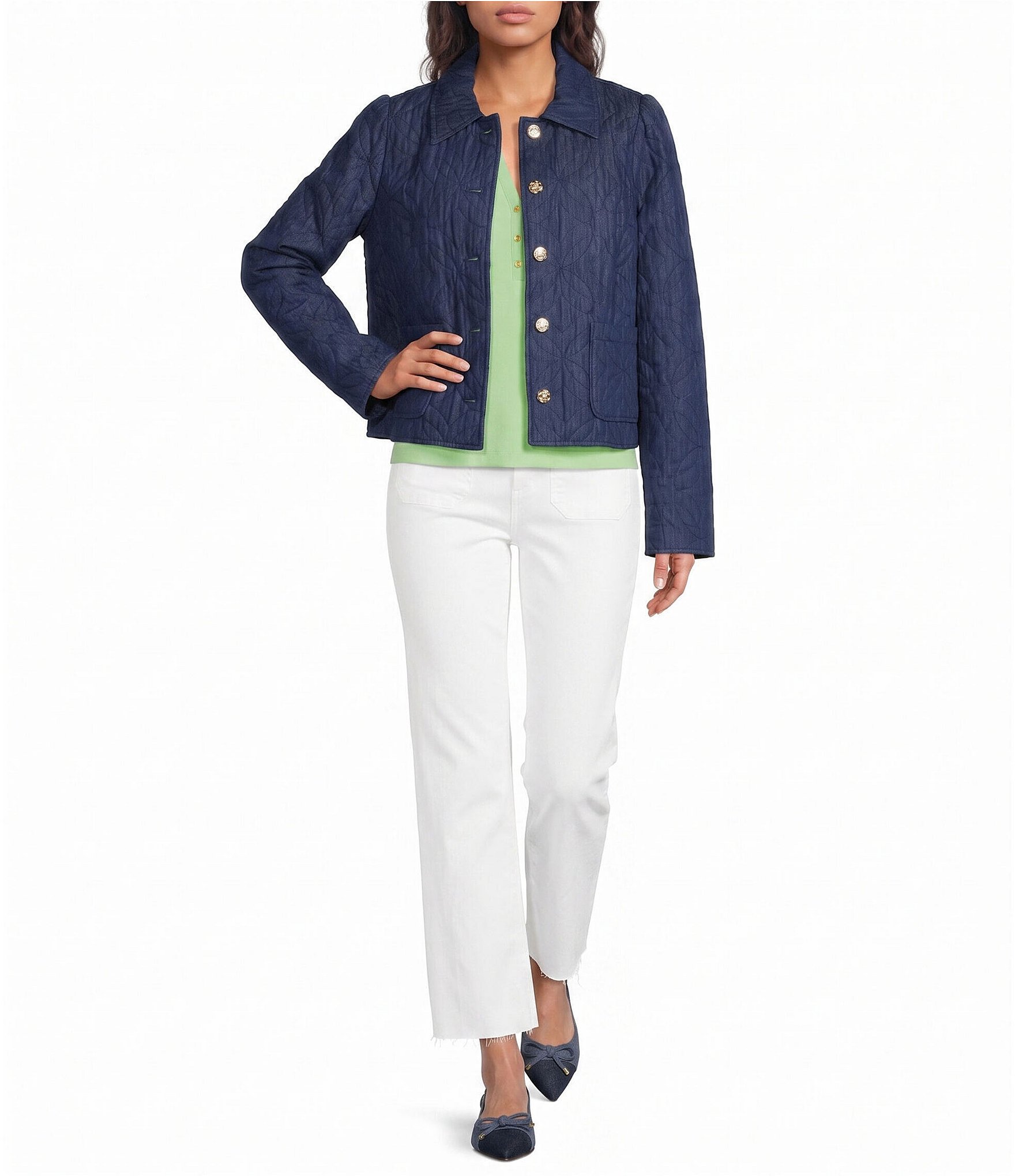 Lilly Pulitzer Peyser Butterfly Quilted Point Collar Long Sleeve Button-Front Denim Jacket