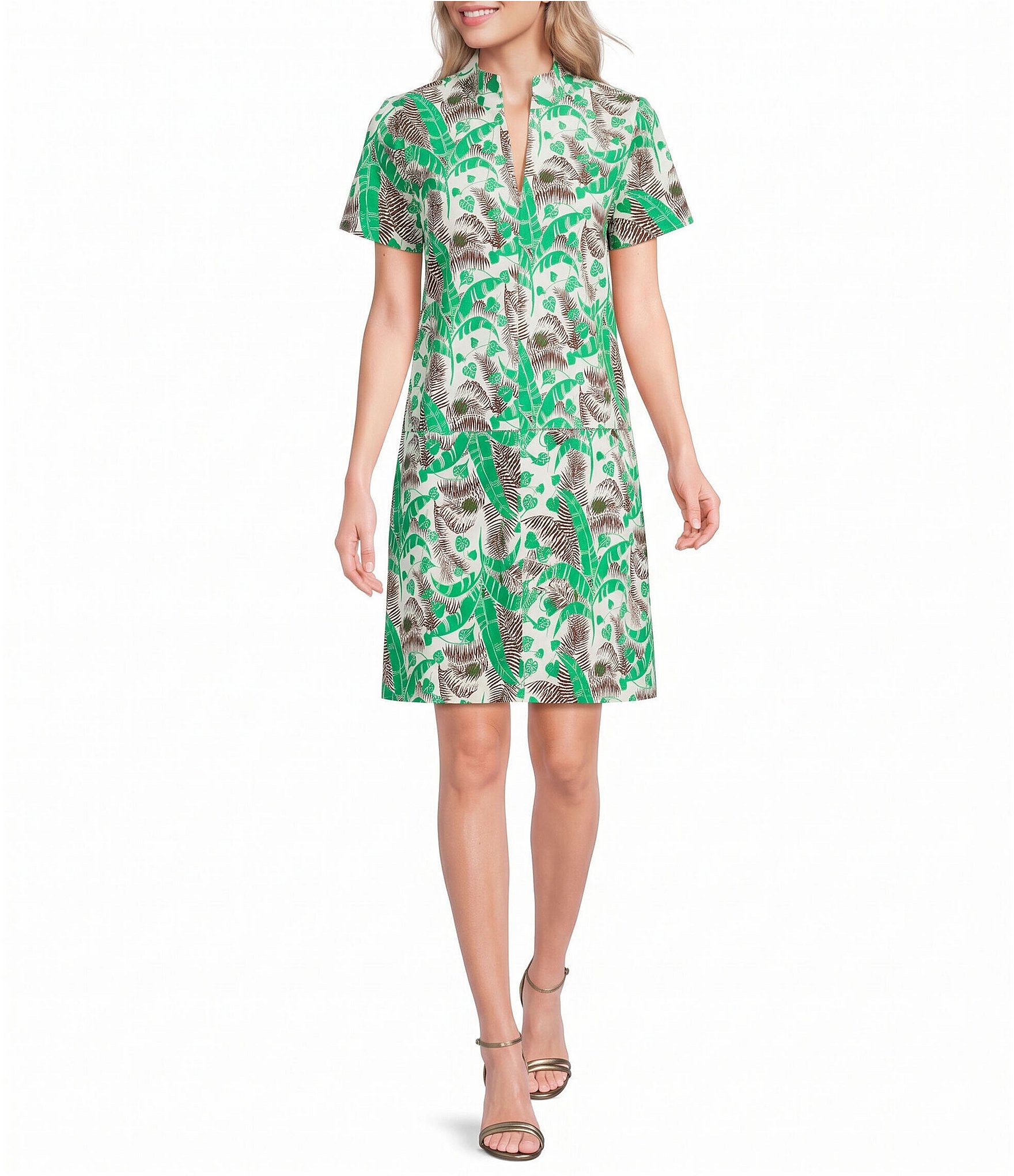 Lilly Pulitzer Rosee Polished Pique Leaf Print Split V-Neck Short Sleeve Shift Dress