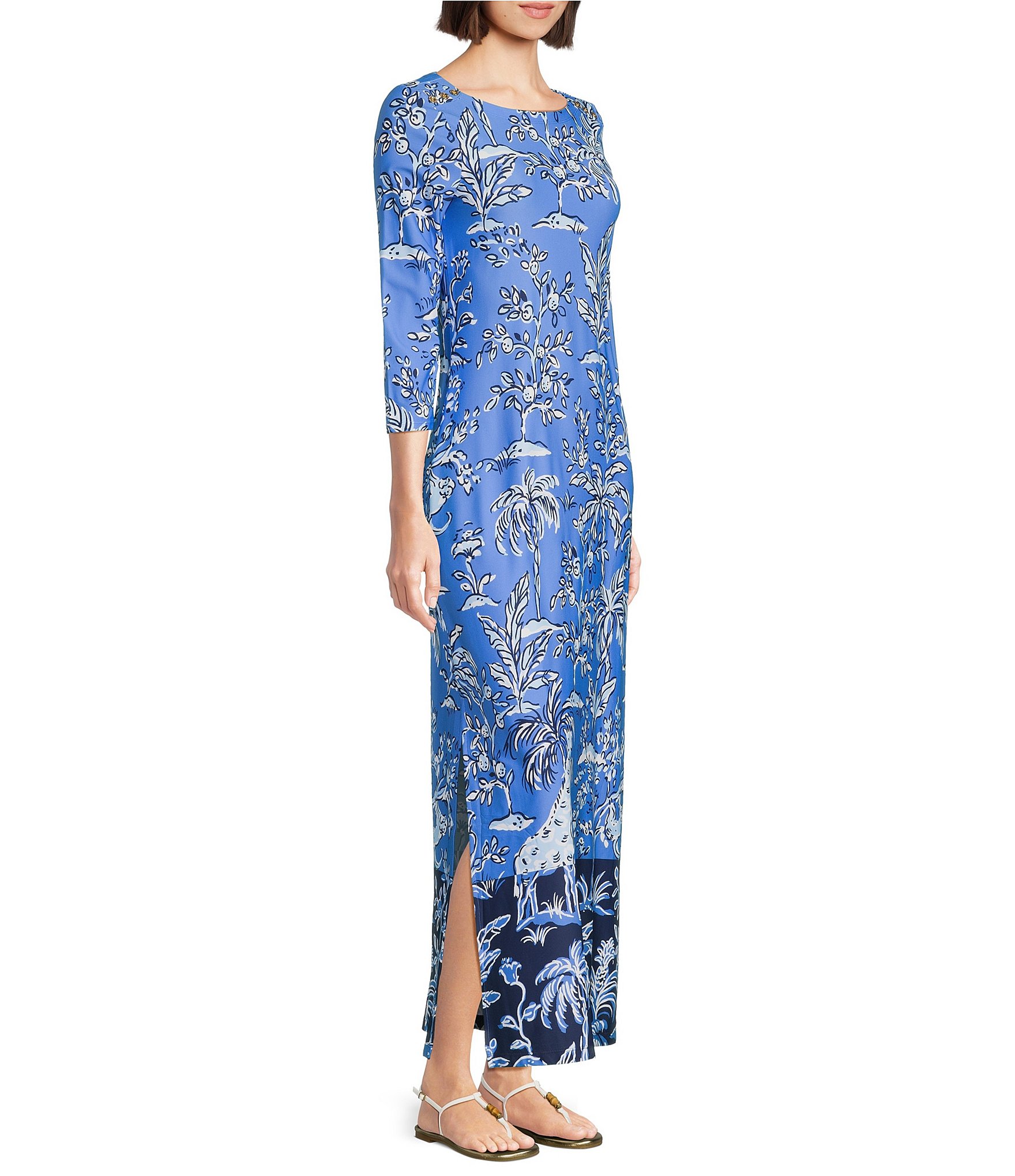 Lilly Pulitzer Seralina Printed Chillylilly UPF 50+ Boat Neck 3/4 Sleeve Maxi Dress