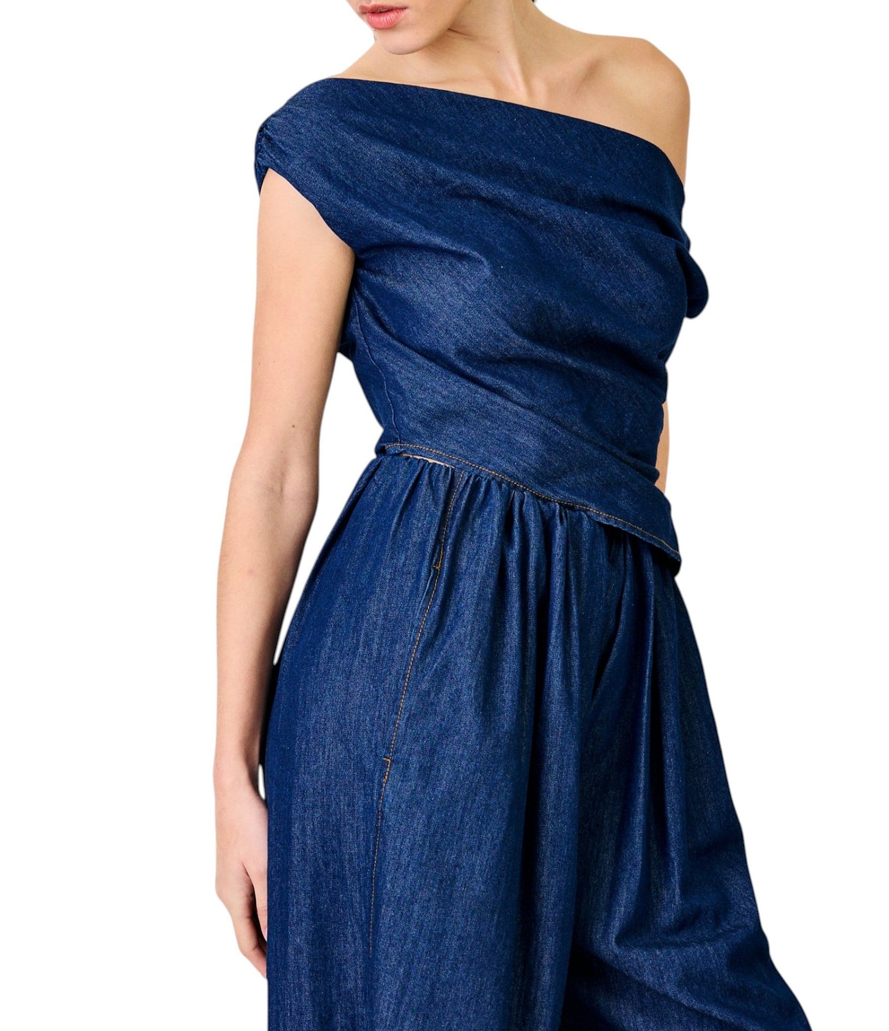 Line and Dot Abo Off-The-Shoulder Drop Sleeve Coordinating Woven Top
