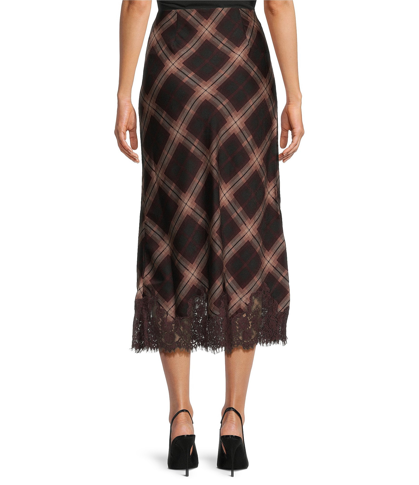 Line and Dot Christopher Plaid Straight Lace Trim Midi Skirt