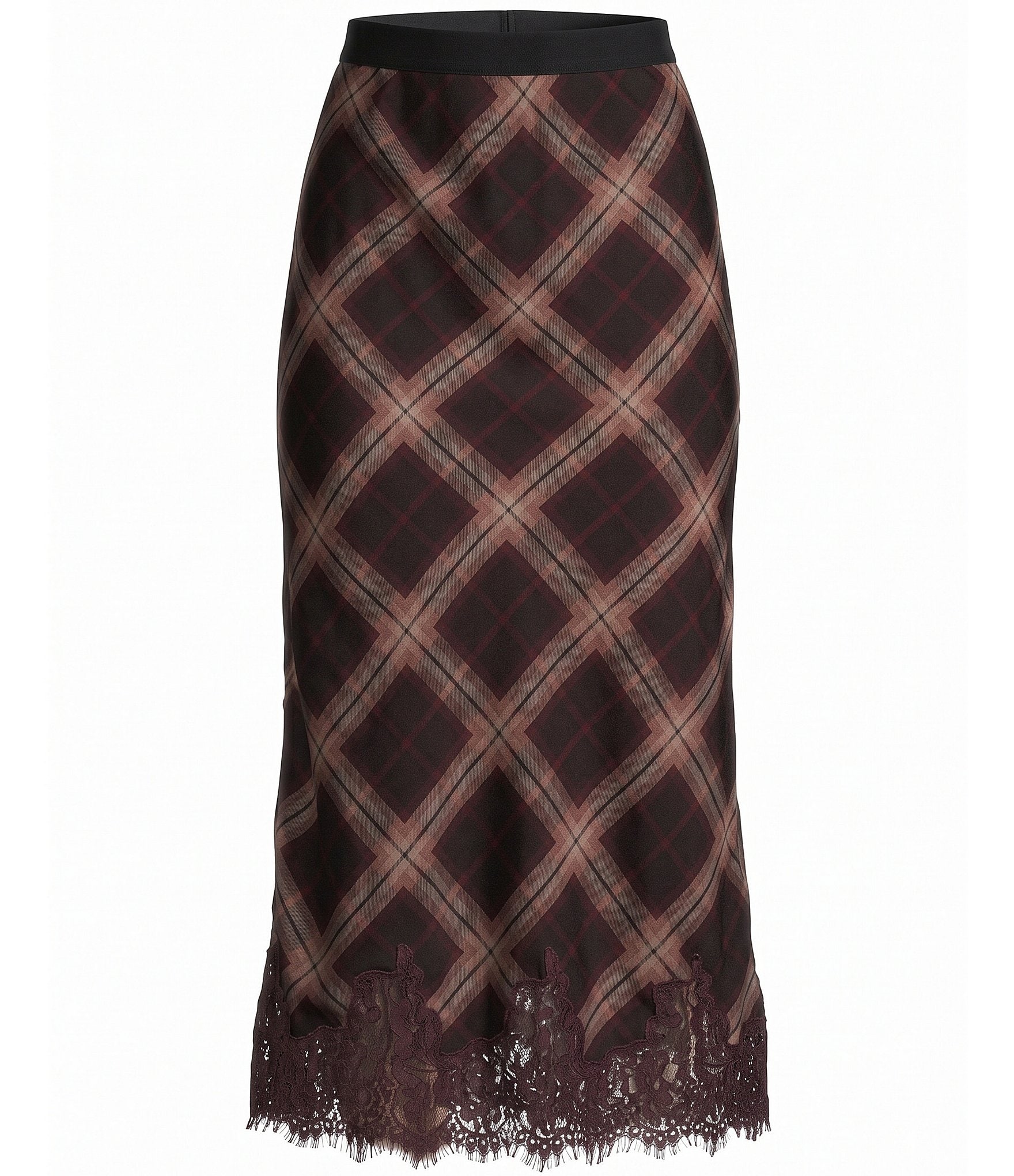 Line and Dot Christopher Plaid Straight Lace Trim Midi Skirt