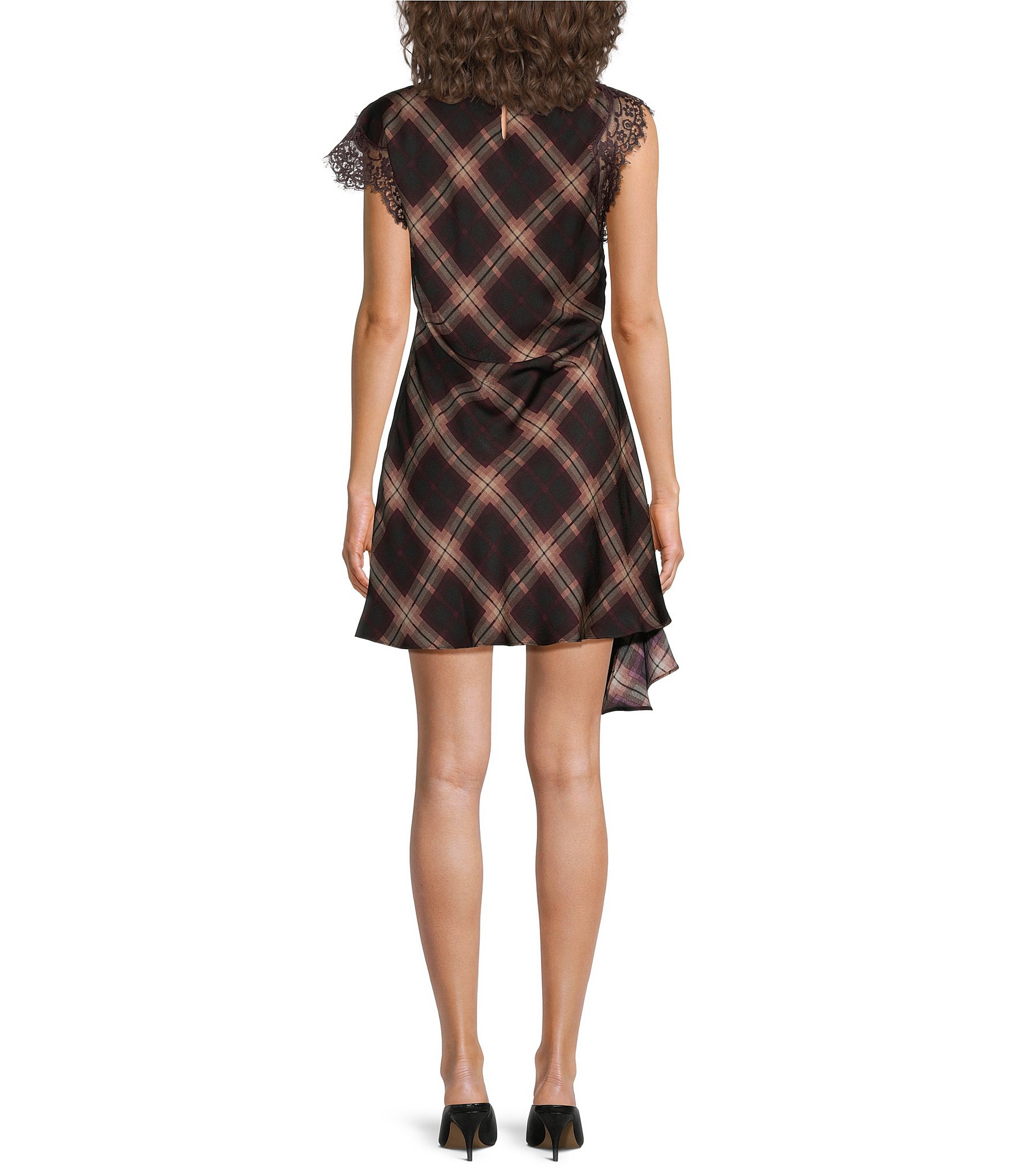 Line and Dot Kristopher Plaid Printed Lace Trim Asymmetric Mock Neck Short Sleeve Mini Dress