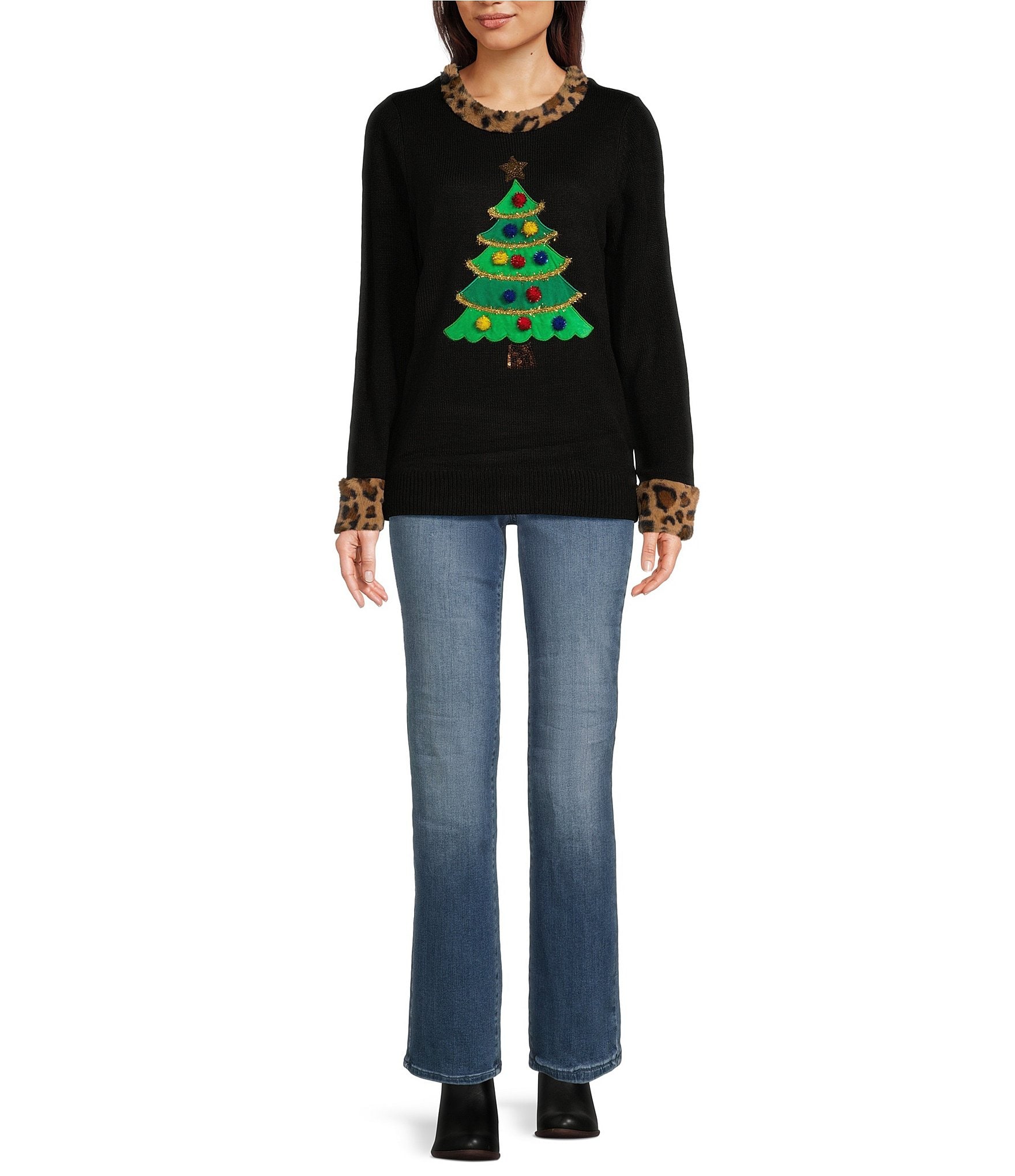 Lisa International Petite Size Animal Faux Fur Trim Christmas Tree Crew Neck Sweater