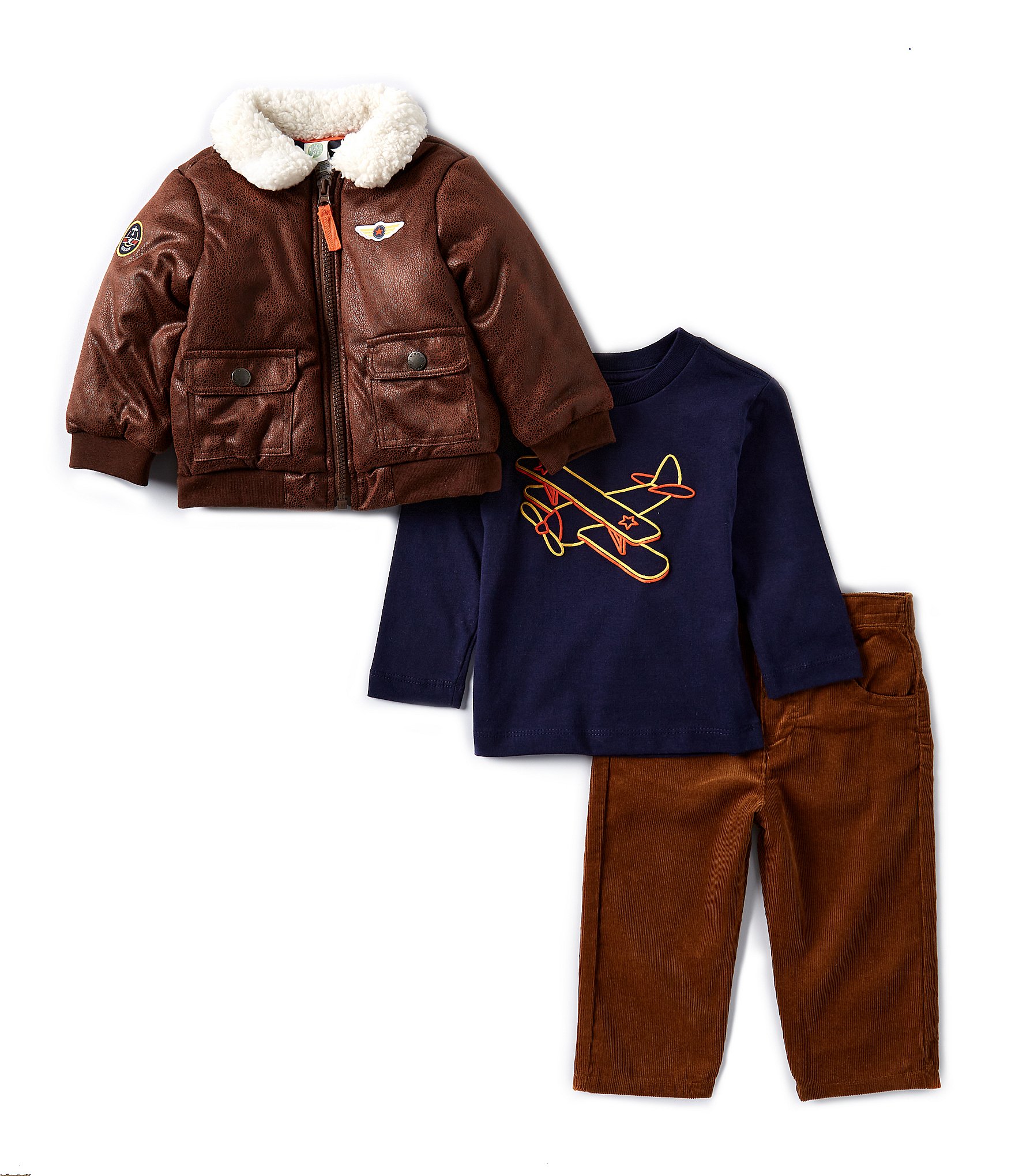 Little Me Baby Boys 12-24 Months Long Sleeve Printed Hooded Aviator Jacket, Long Sleeve Knit Top & Denim Jeggings Set