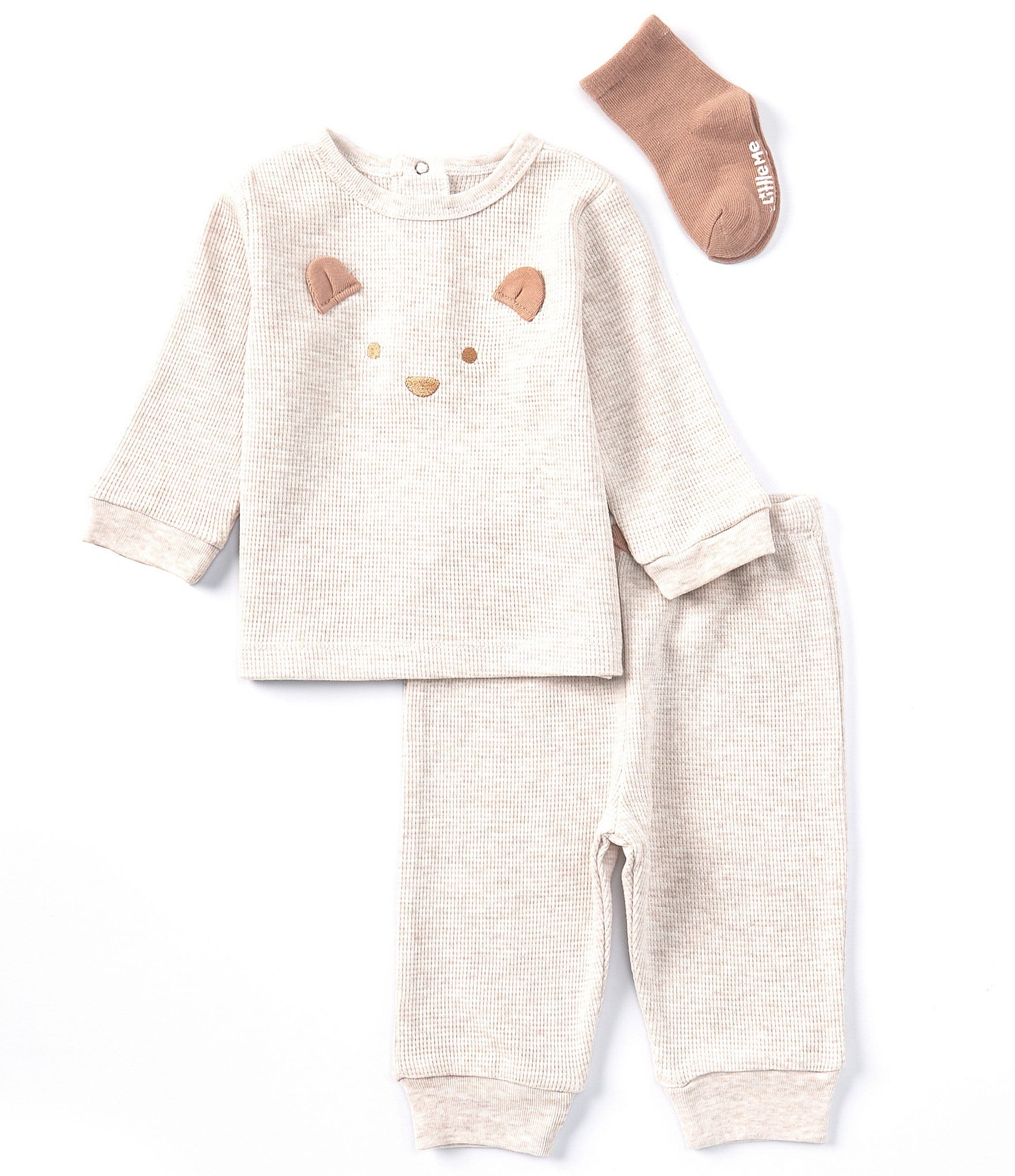 Little Me Baby Boys 3-12 Months Long Sleeve Bear Face Waffle-Knit Sweatshirt & Matching Jogger Pant Set