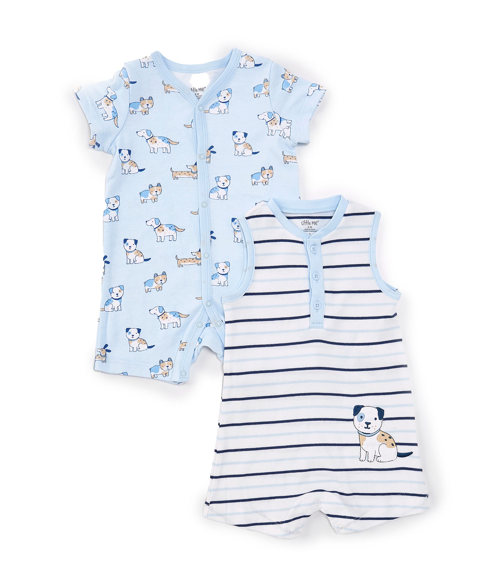 Little Me Baby Boys 3-12 Months Short-Sleeve Puppy-Printed Shortall & Sleeveless Striped Puppy-Motif Shortall Two-Pack