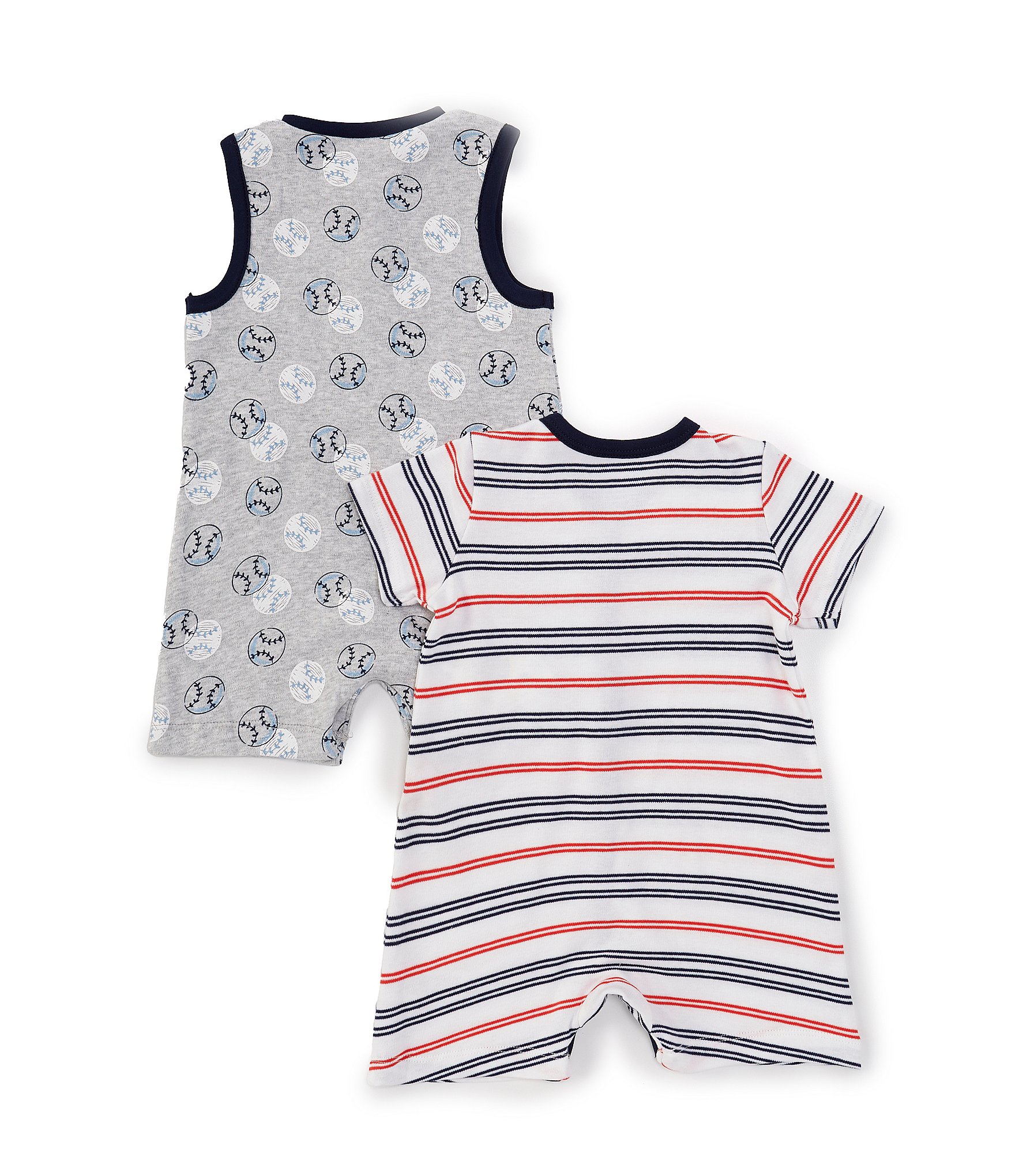 Little Me Baby Boys 3-12 Months Short Sleeve Striped Baseball-Themed Shortalls & Sleeveless Baseball Print Shortalls Two-Pack