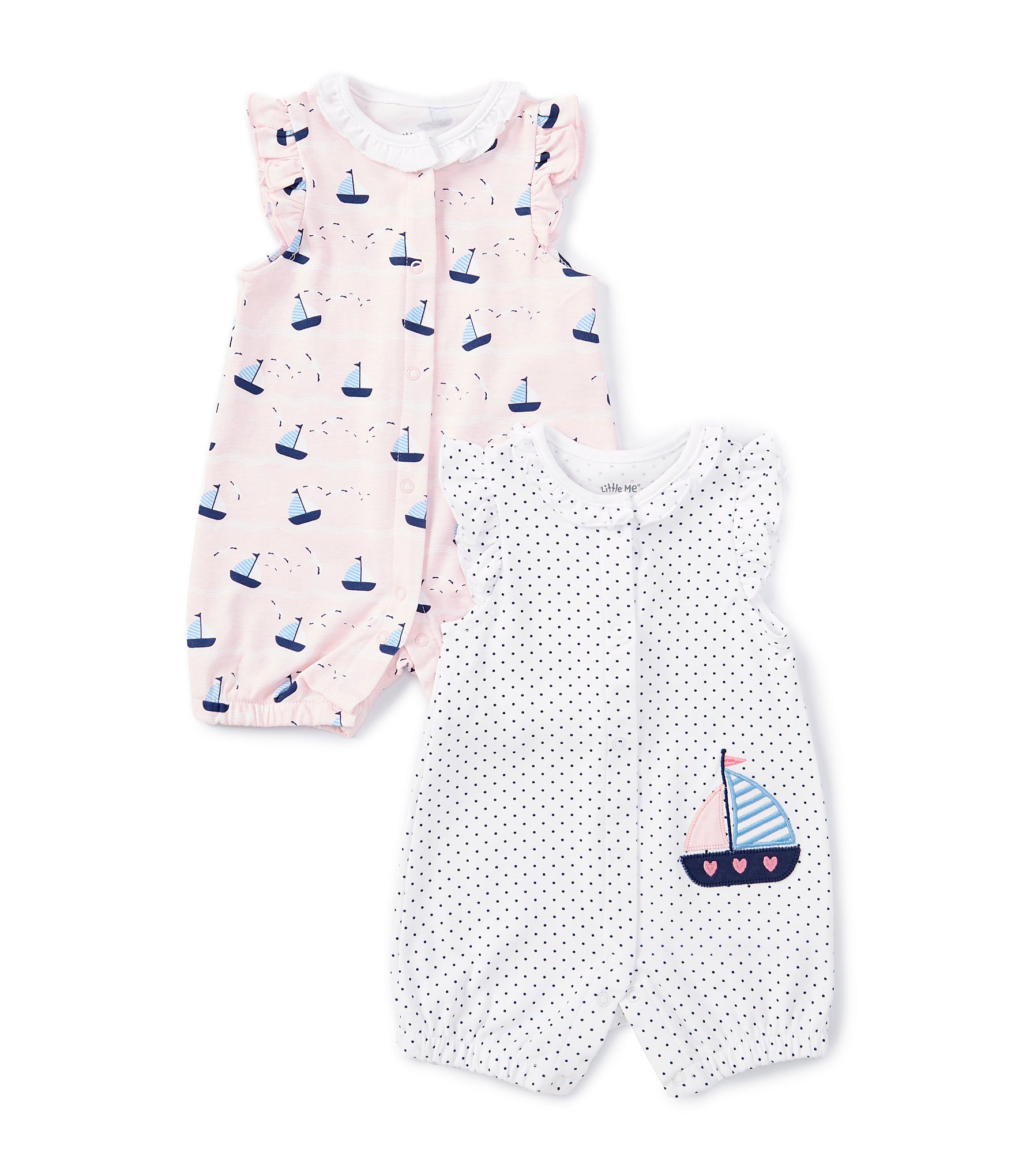 Little Me Baby Girls 3-12 Months Flutter-Sleeve Allover-Sailboat-Printed Romper & Pindotted Romper Two-Pack