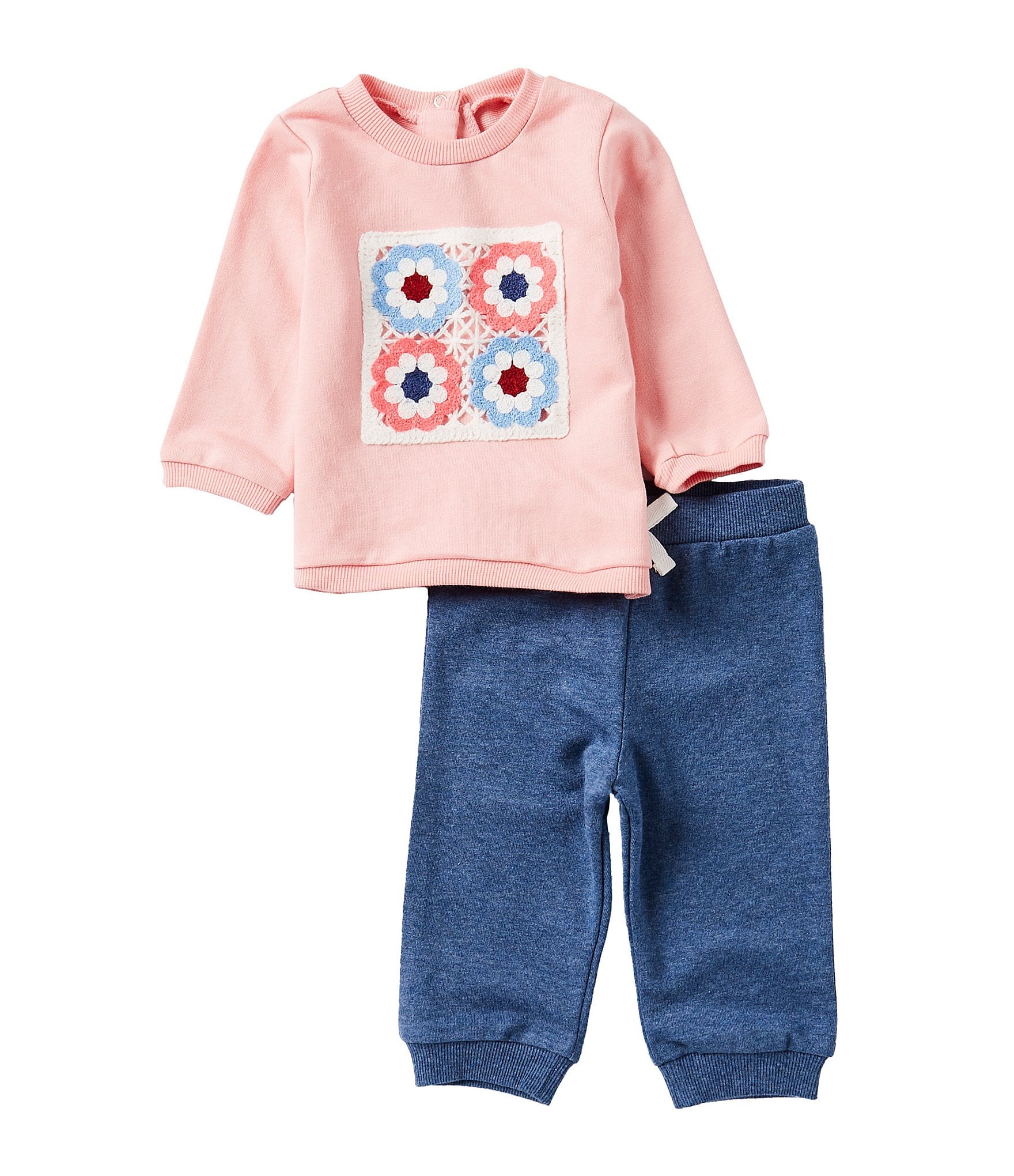 Little Me Baby Girls 3-12 Months Long Sleeve Crocheted-Pattern Sweatshirt & Solid Jogger Pant Set