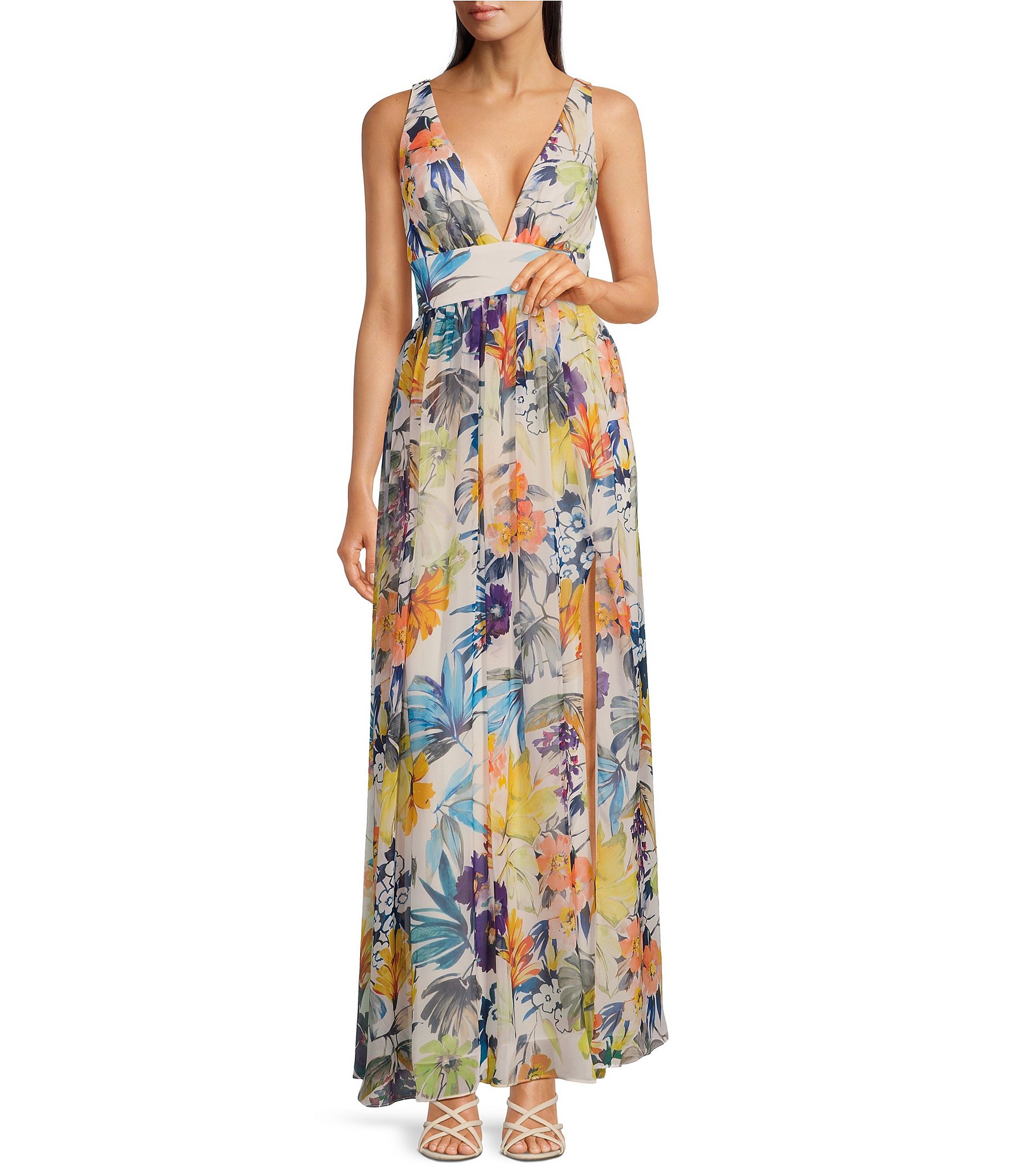 Liv Foster Floral V Neckline Sleeveless A Line Dress with Slit | Dillard's