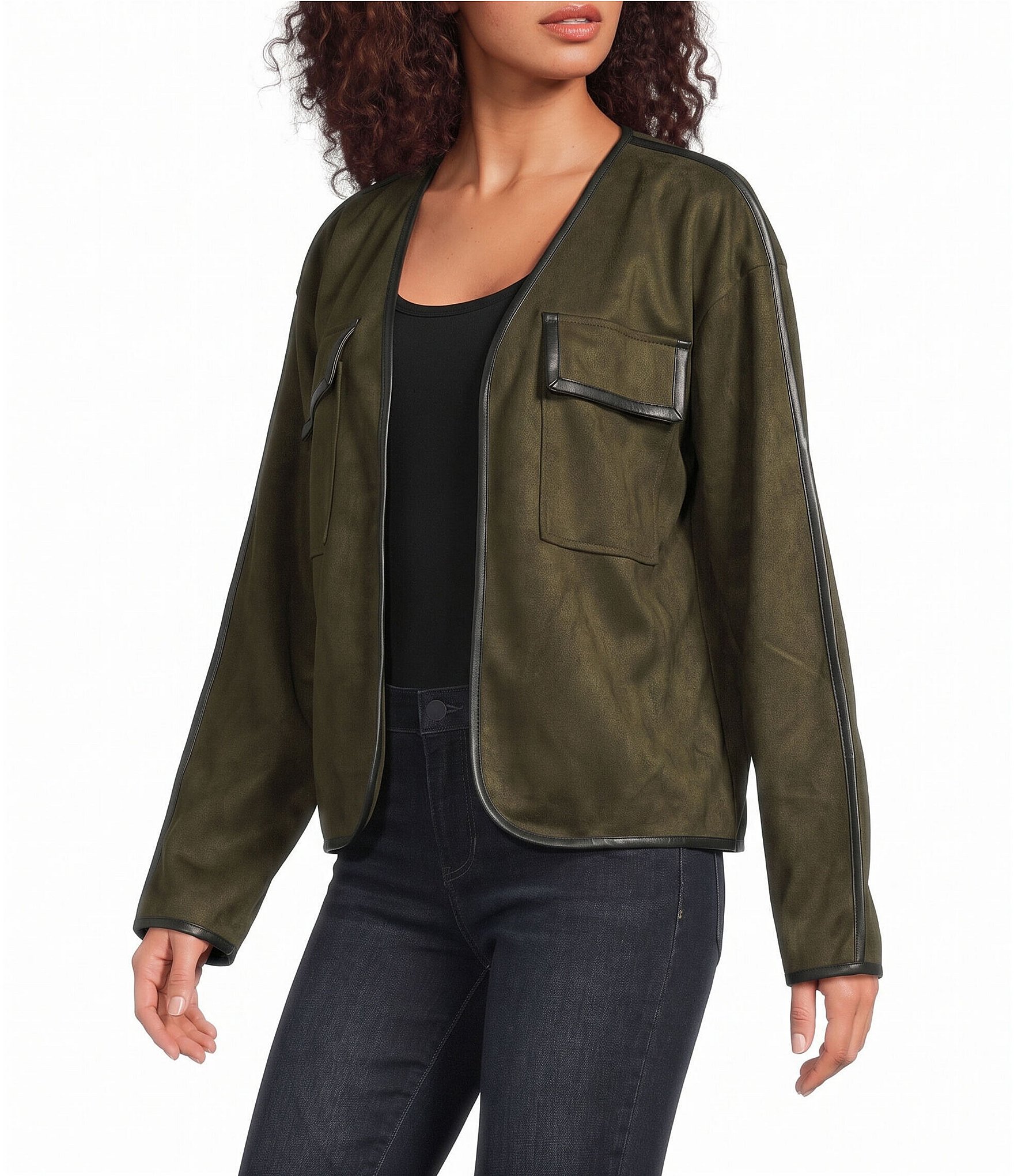 Liverpool Los Angeles Faux Suede Collarless Long Sleeve Open Front Jacket