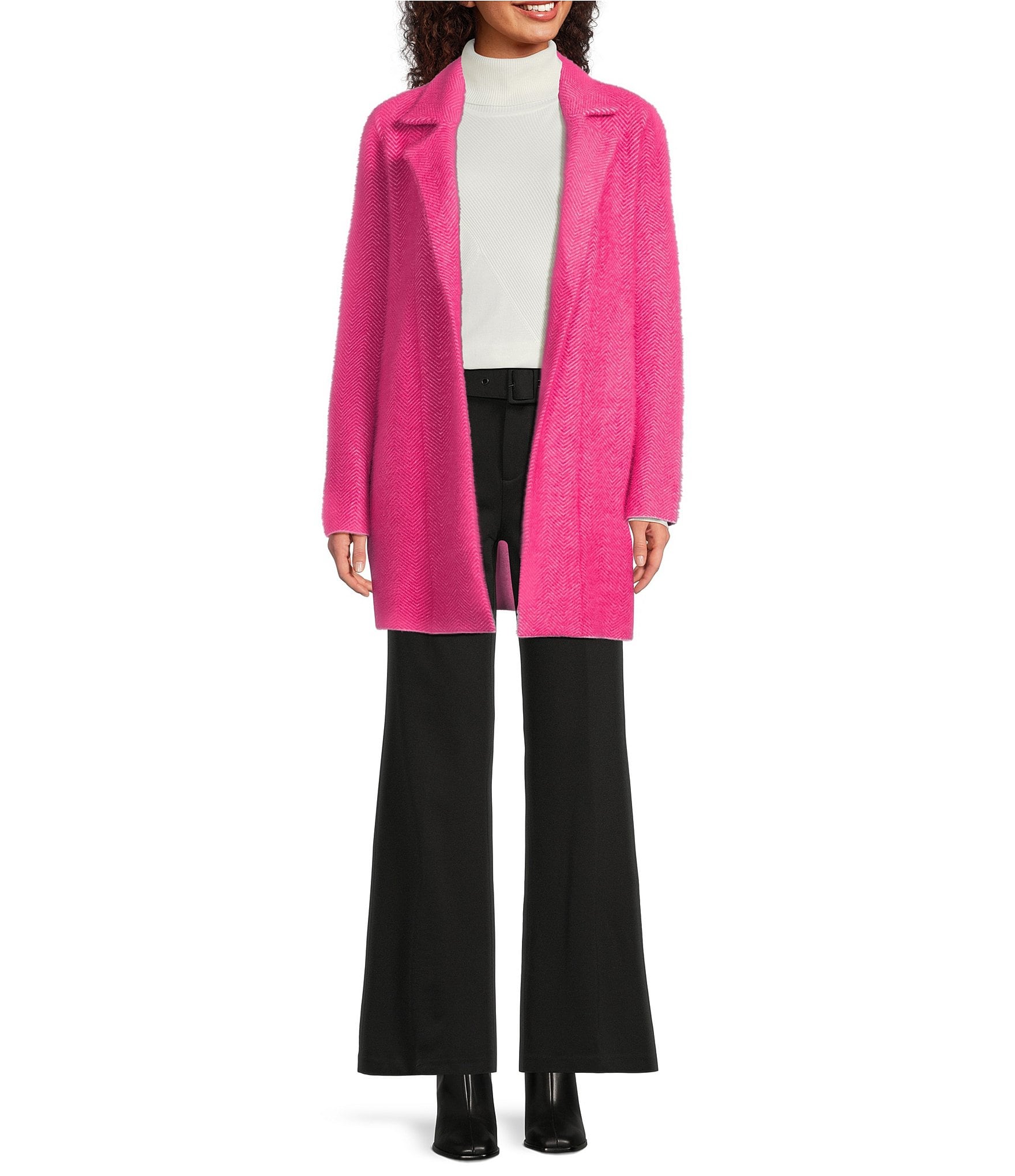 Liverpool Los Angeles Feather Jacquard Notch Collar Long Sleeve Open Front Sweater Coat