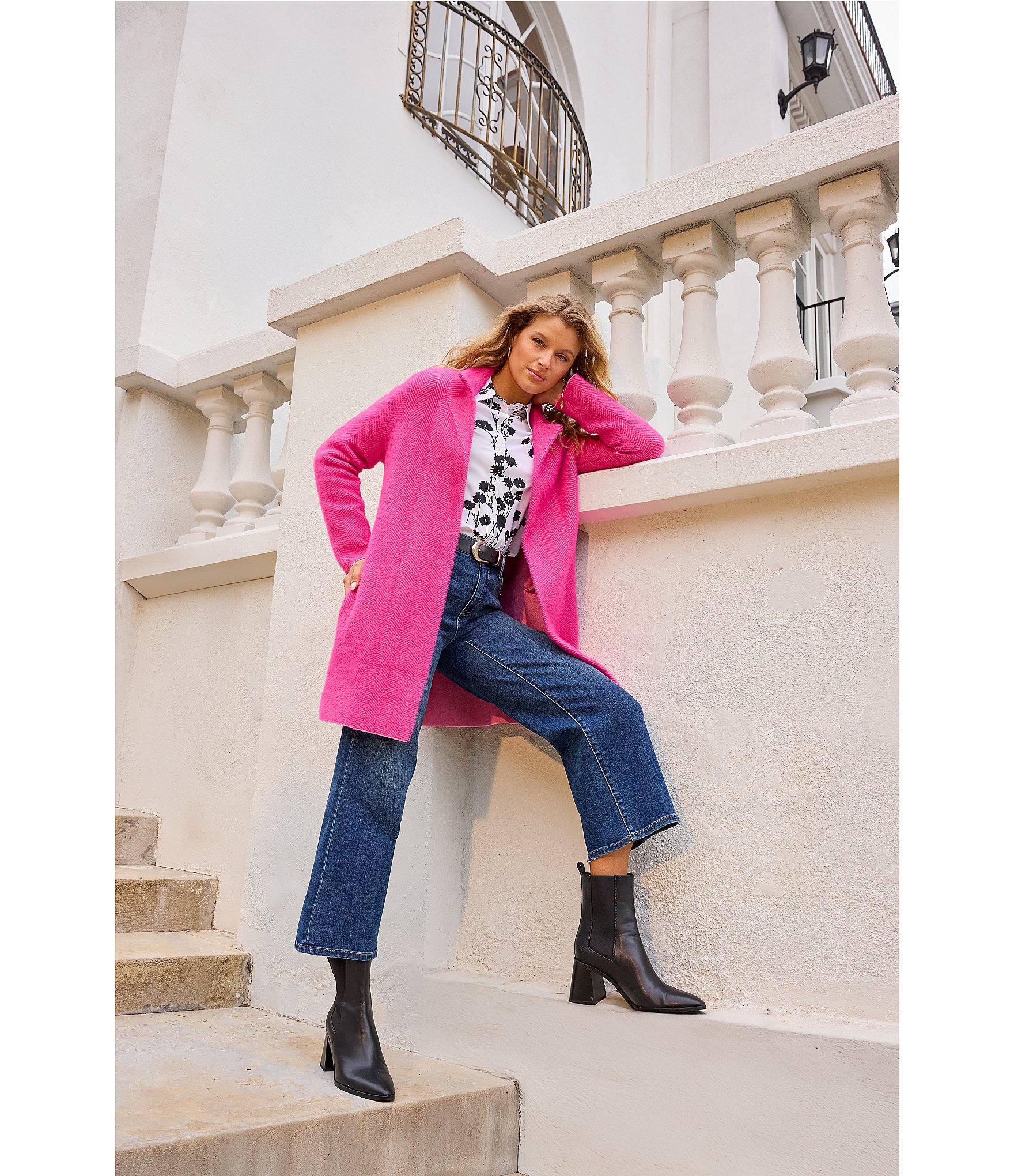 Liverpool Los Angeles Feather Jacquard Notch Collar Long Sleeve Open Front Sweater Coat